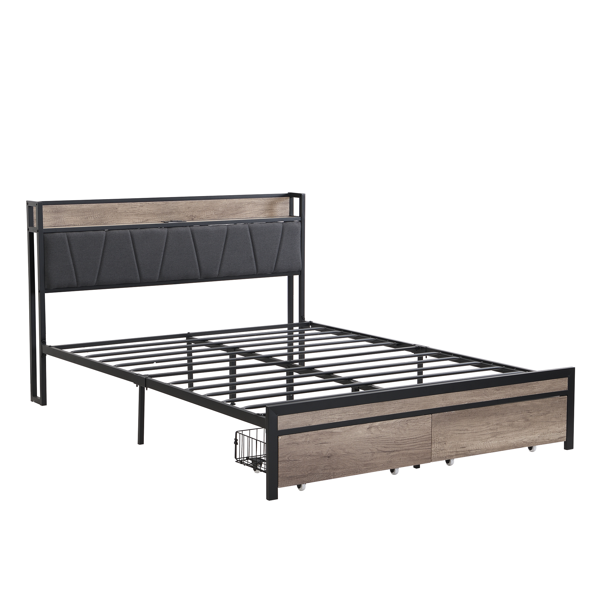 Queen Size  Metal Platform Bed Frame with upholstery storage function Headboard   and USB LINER  and Footboard with drawers , No Box Spring Needed, Large Under Bed Storage, Easy Assemble