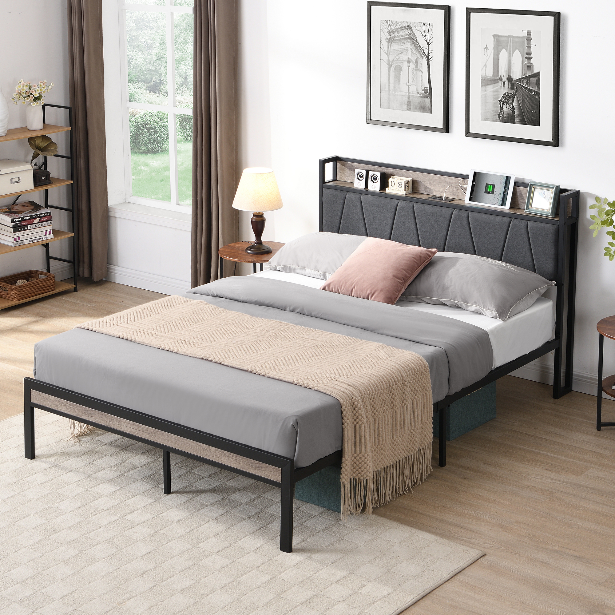 Full  Size  Metal Platform Bed Frame with upholstery storage function Headboard   and USB LINER  and Footboard  , No Box Spring Needed, Large Under Bed Storage, Easy Assemble