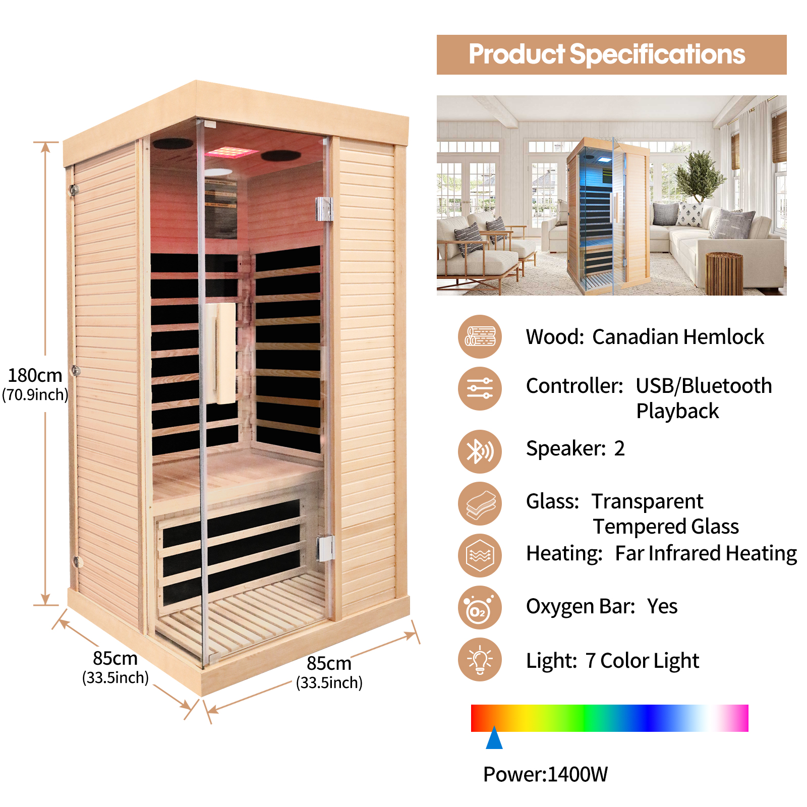 Canadian hemlock single sauna room