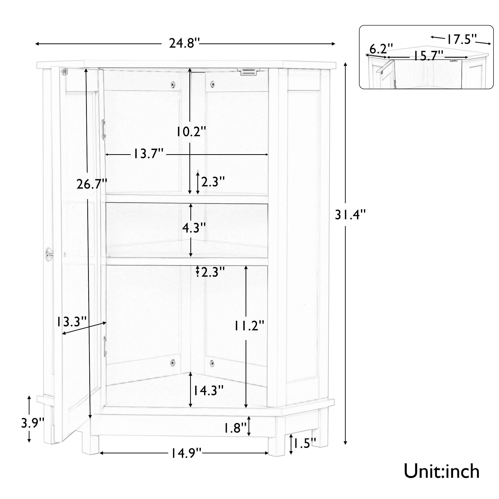 White Bathroom Cabinet Triangle Corner Storage Cabinet with Adjustable Shelf Modern Style MDF Board (Old SKU:WF291477AAK)