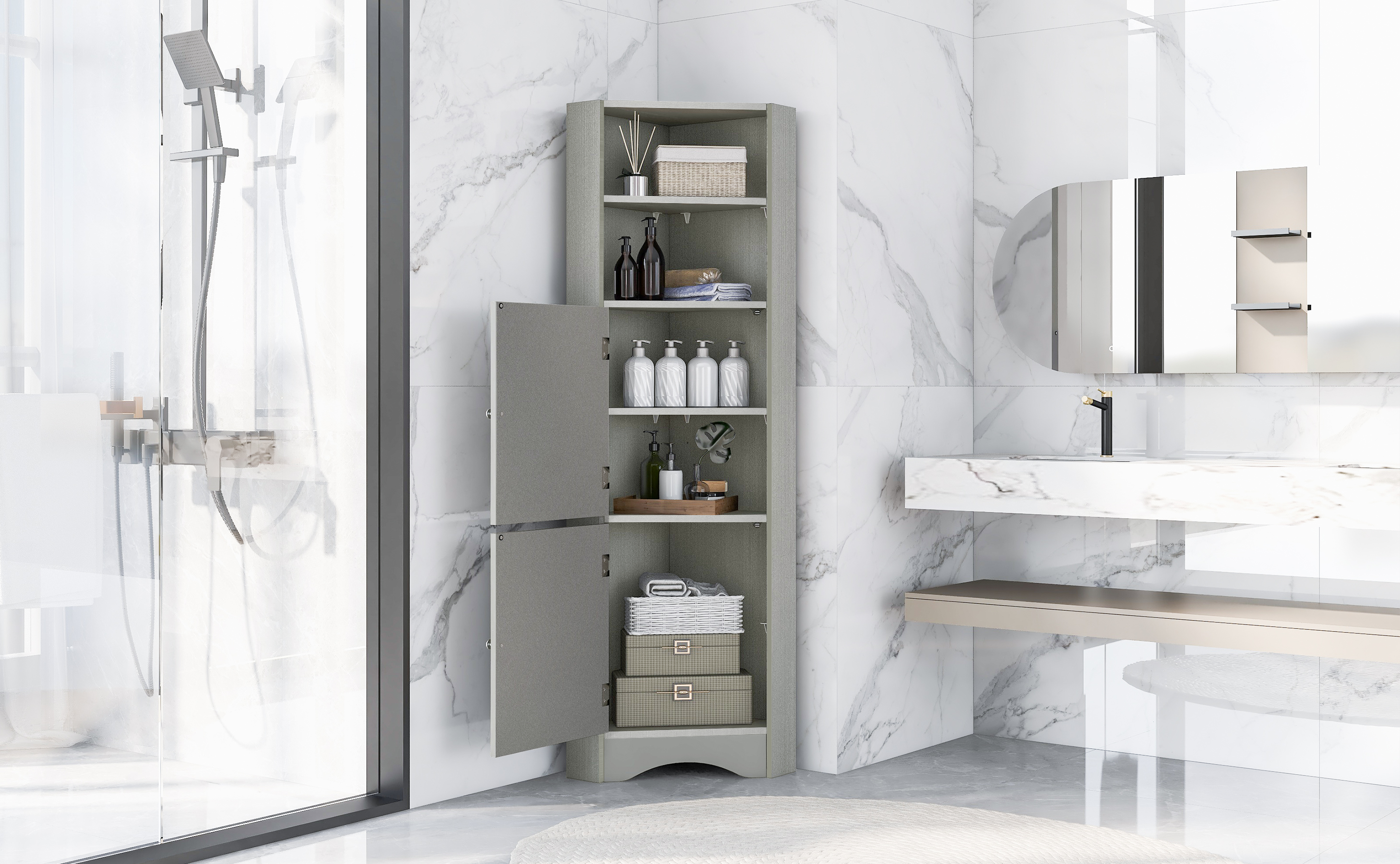 Freestanding Tall Bathroom Corner Cabinet with Doors and Adjustable Shelves