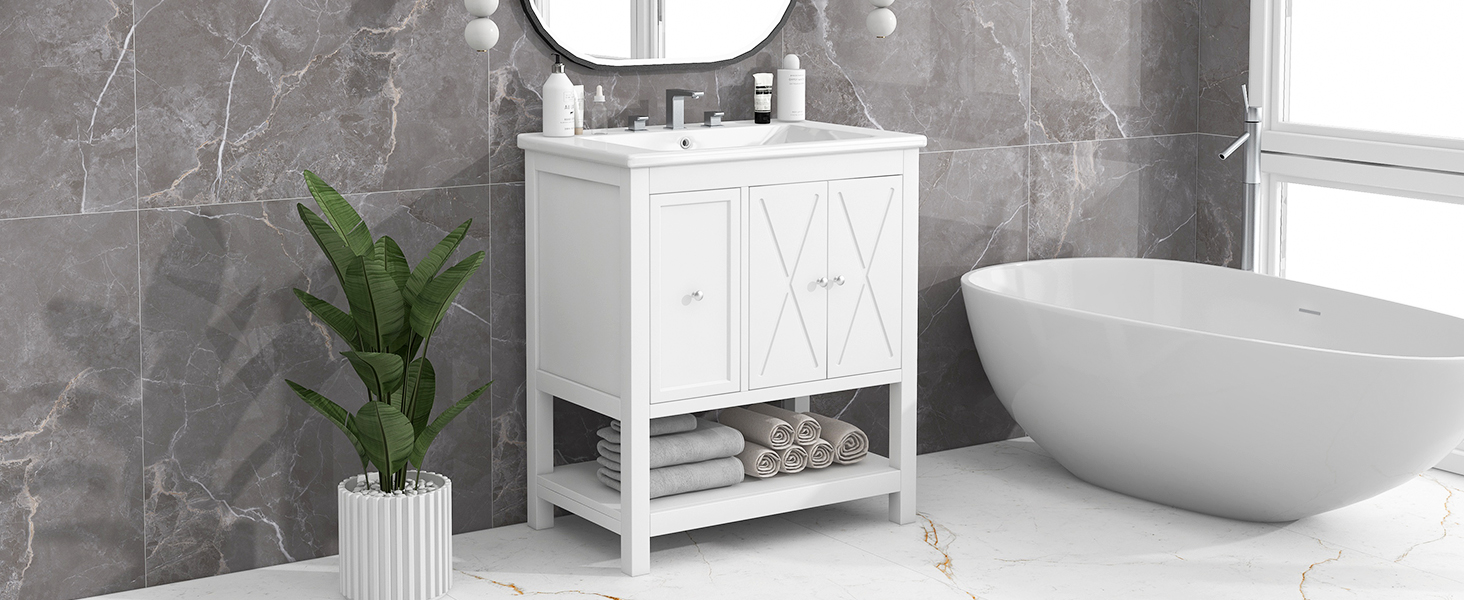 30" Bathroom Vanity with Sink Top, Bathroom Vanity Cabinet with Two Doors and One Drawer, MDF Boards, Solid Wood, One Package, White