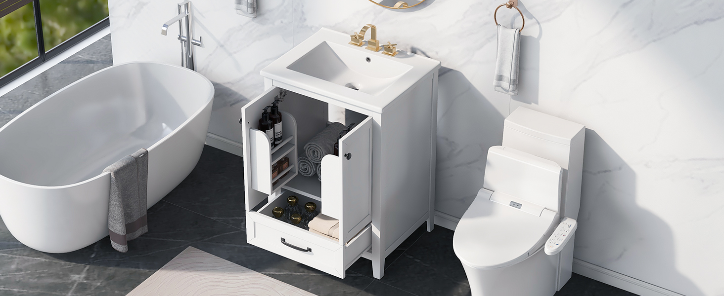 24" Bathroom Vanity with Sink, Bathroom Vanity Cabinet with One Drawer and Doors, Solid Wood and MDF, White