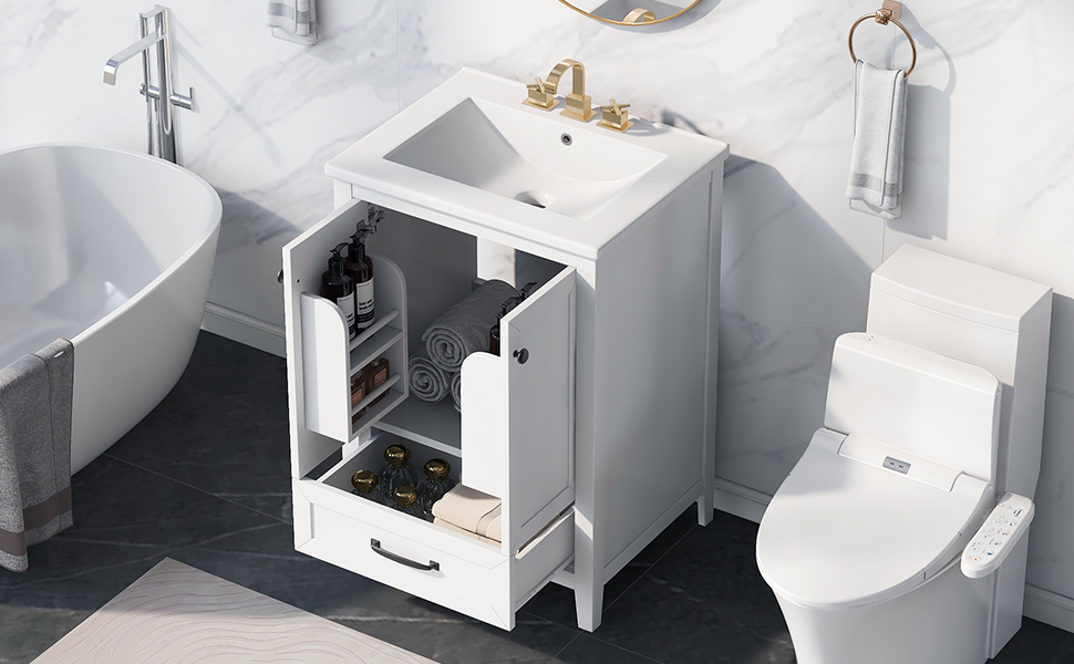 24" Bathroom Vanity with Sink, Bathroom Vanity Cabinet with One Drawer and Doors, Solid Wood and MDF, White