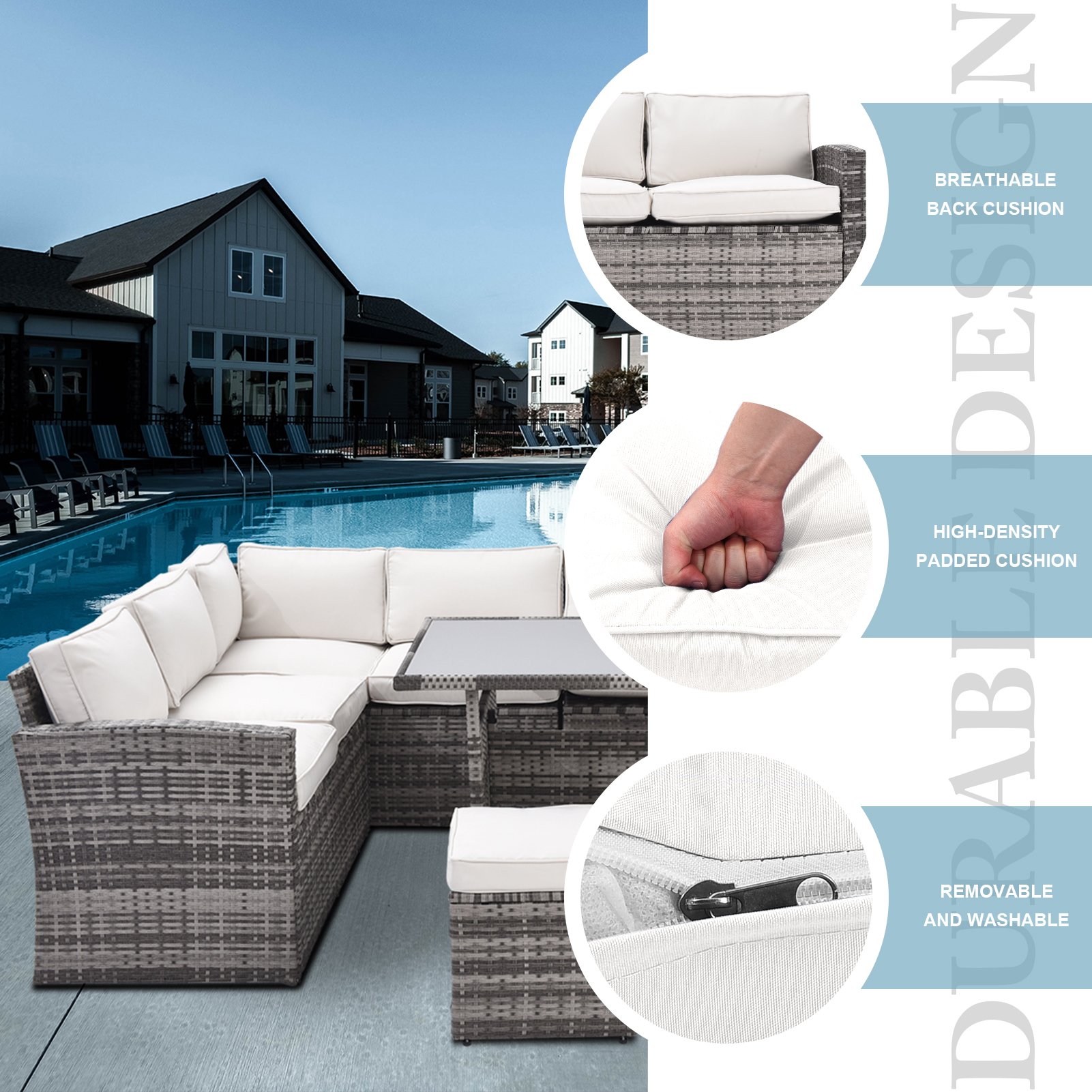 Outdoor Patio Furniture Set,7 Pieces Outdoor Sectional Conversation Sofa with Dining Table,Chairs and Ottomans,All Weather PE Rattan and Steel Frame,With Backrest and Removable Cushions(Grey+Beige)