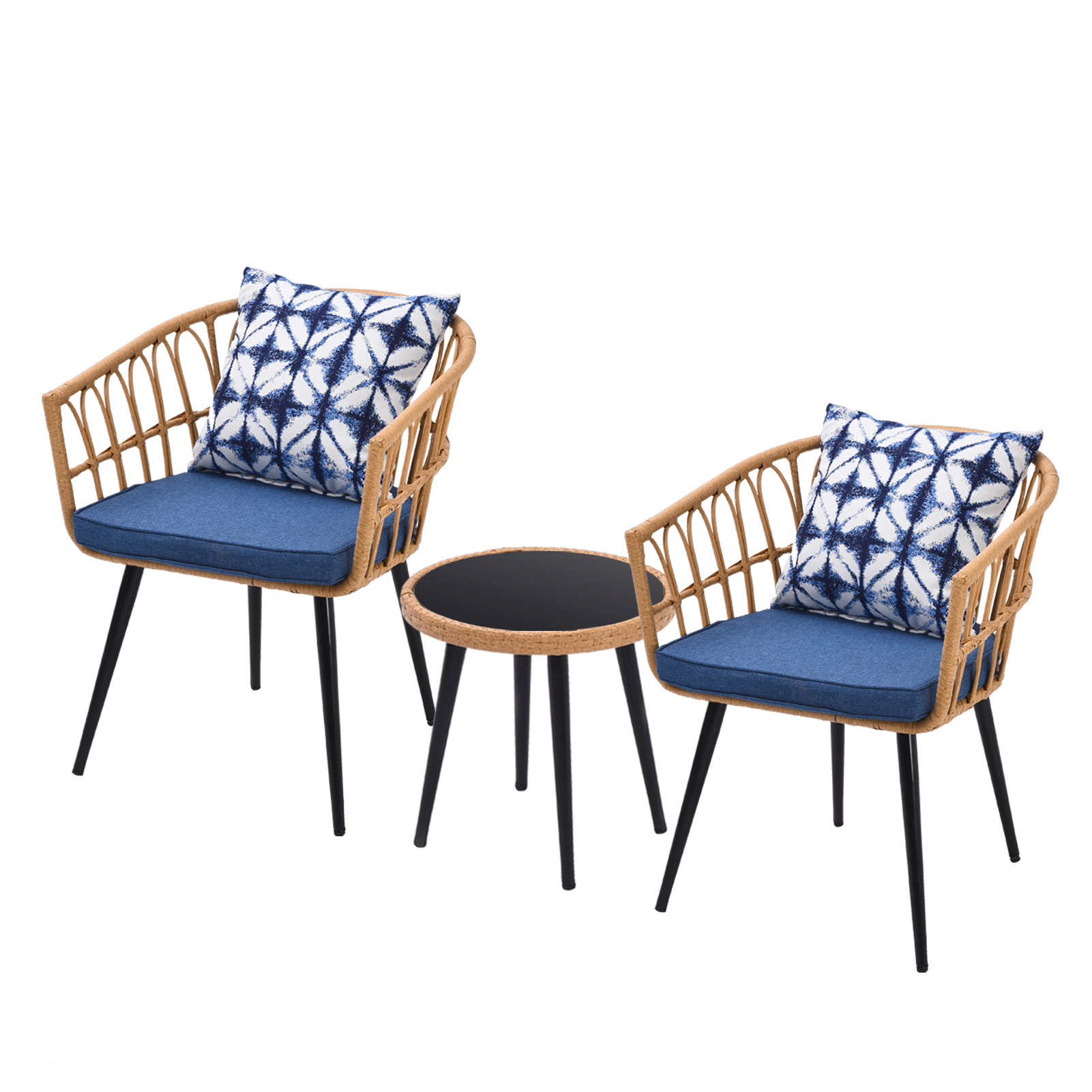 3 Piece Patio Bistro Set with Side Table, Outdoor PE Rattan Conversation Chair Set,Furniture of Coffee Table with Glass Top,Cushions & Lumbar Pillows for Garden,Backyard,Balcony or Poolside(boho Blue)