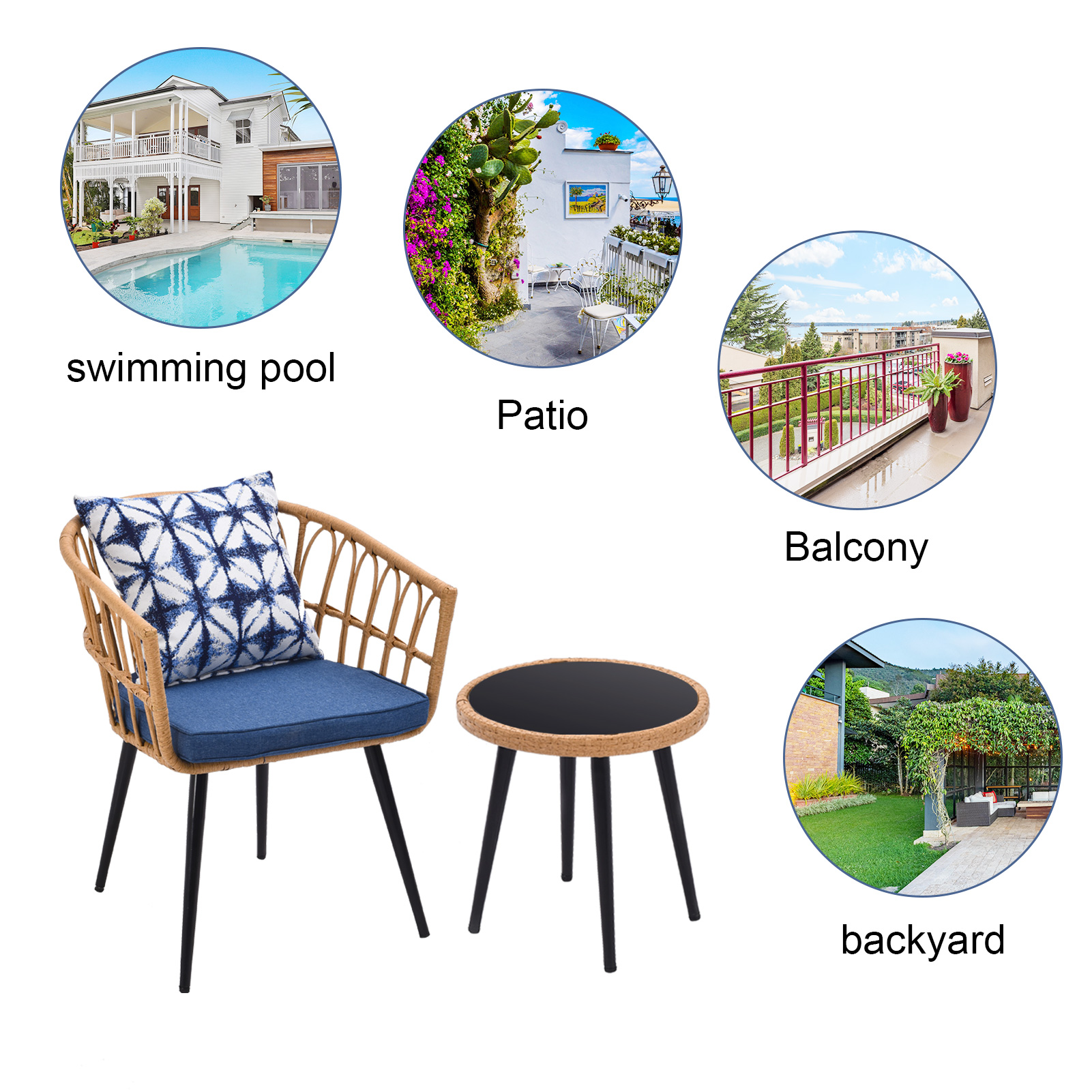 3 Piece Patio Bistro Set with Side Table, Outdoor PE Rattan Conversation Chair Set,Furniture of Coffee Table with Glass Top,Cushions & Lumbar Pillows for Garden,Backyard,Balcony or Poolside(boho Blue)