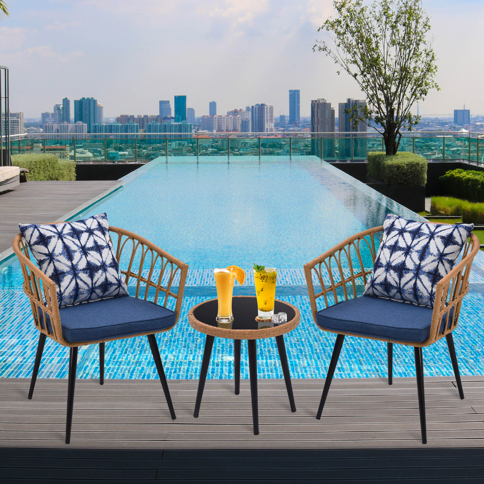 3 Piece Patio Bistro Set with Side Table, Outdoor PE Rattan Conversation Chair Set,Furniture of Coffee Table with Glass Top,Cushions & Lumbar Pillows for Garden,Backyard,Balcony or Poolside(boho Blue)