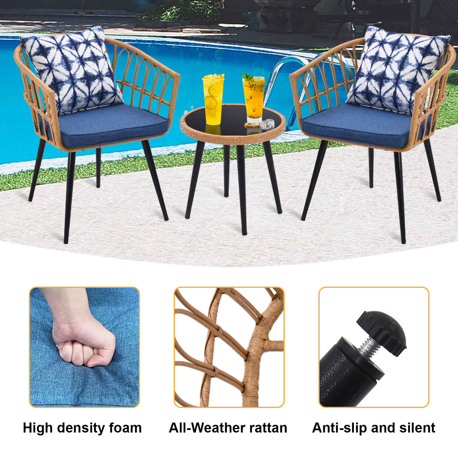 3 Piece Patio Bistro Set with Side Table, Outdoor PE Rattan Conversation Chair Set,Furniture of Coffee Table with Glass Top,Cushions & Lumbar Pillows for Garden,Backyard,Balcony or Poolside(boho Blue)