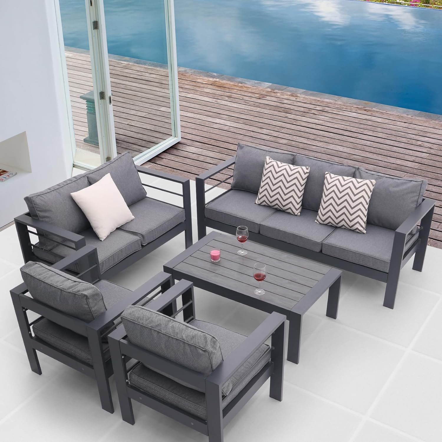 5-piece Aluminum Outdoor Patio Conversation Set,All-Weather Sectional Sofa Outside Furniture with  Removable Cushions and Tempered Glass Coffee Table for Courtyard,Poolside,Deck,Balcony(Grey)