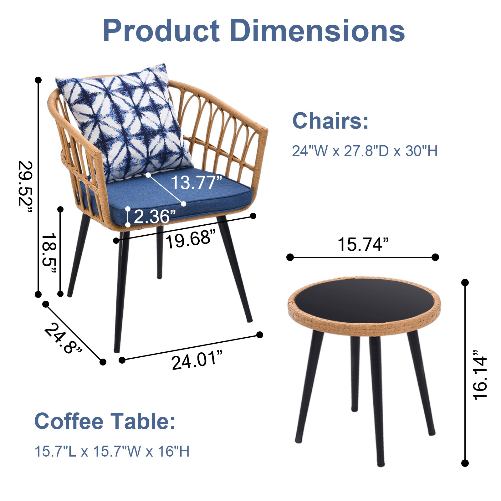 3 Piece Patio Bistro Set with Side Table, Outdoor PE Rattan Conversation Chair Set,Furniture of Coffee Table with Glass Top,Cushions & Lumbar Pillows for Garden,Backyard,Balcony or Poolside(boho Blue)