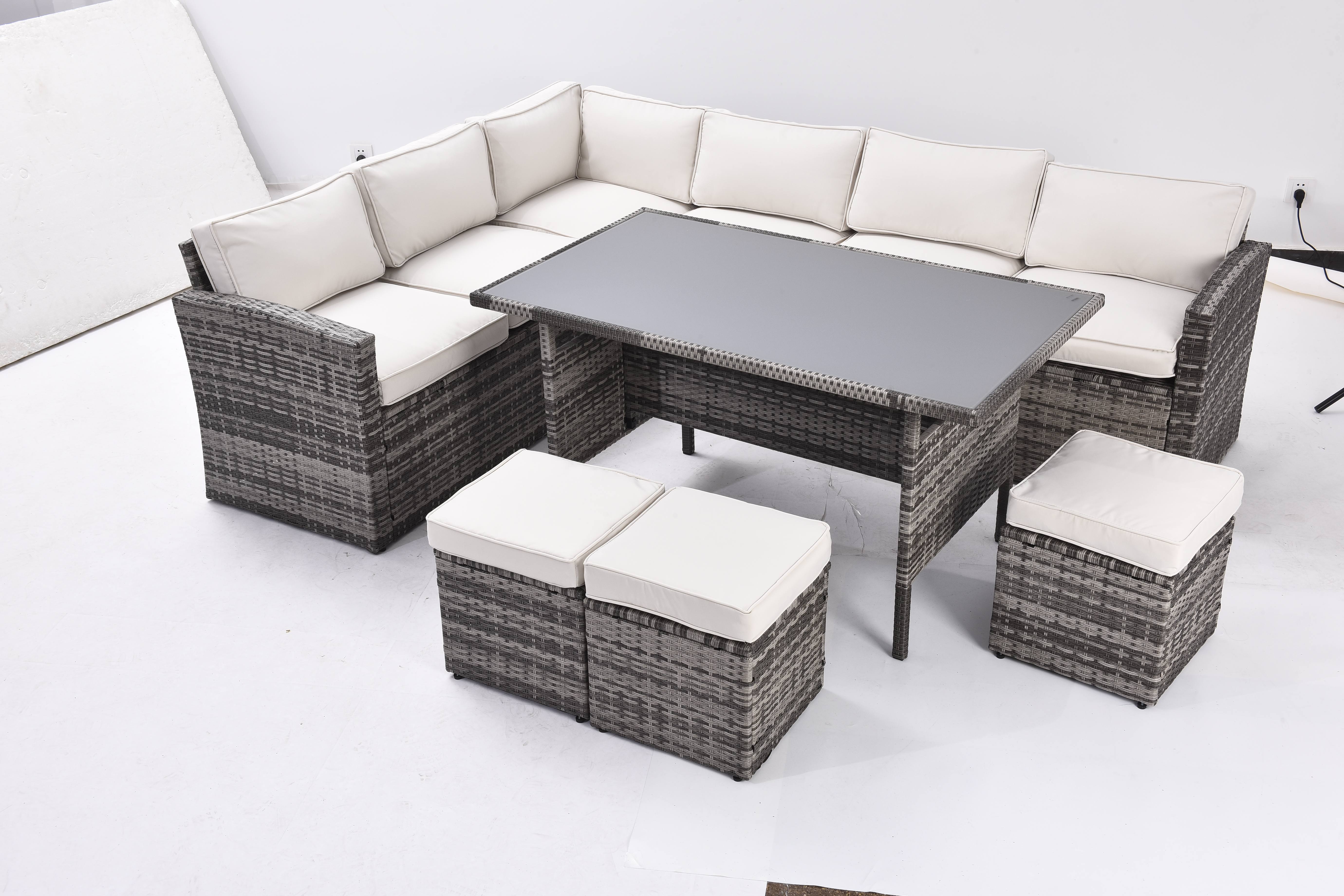 Outdoor Patio Furniture Set,7 Pieces Outdoor Sectional Conversation Sofa with Dining Table,Chairs and Ottomans,All Weather PE Rattan and Steel Frame,With Backrest and Removable Cushions(Grey+Beige)