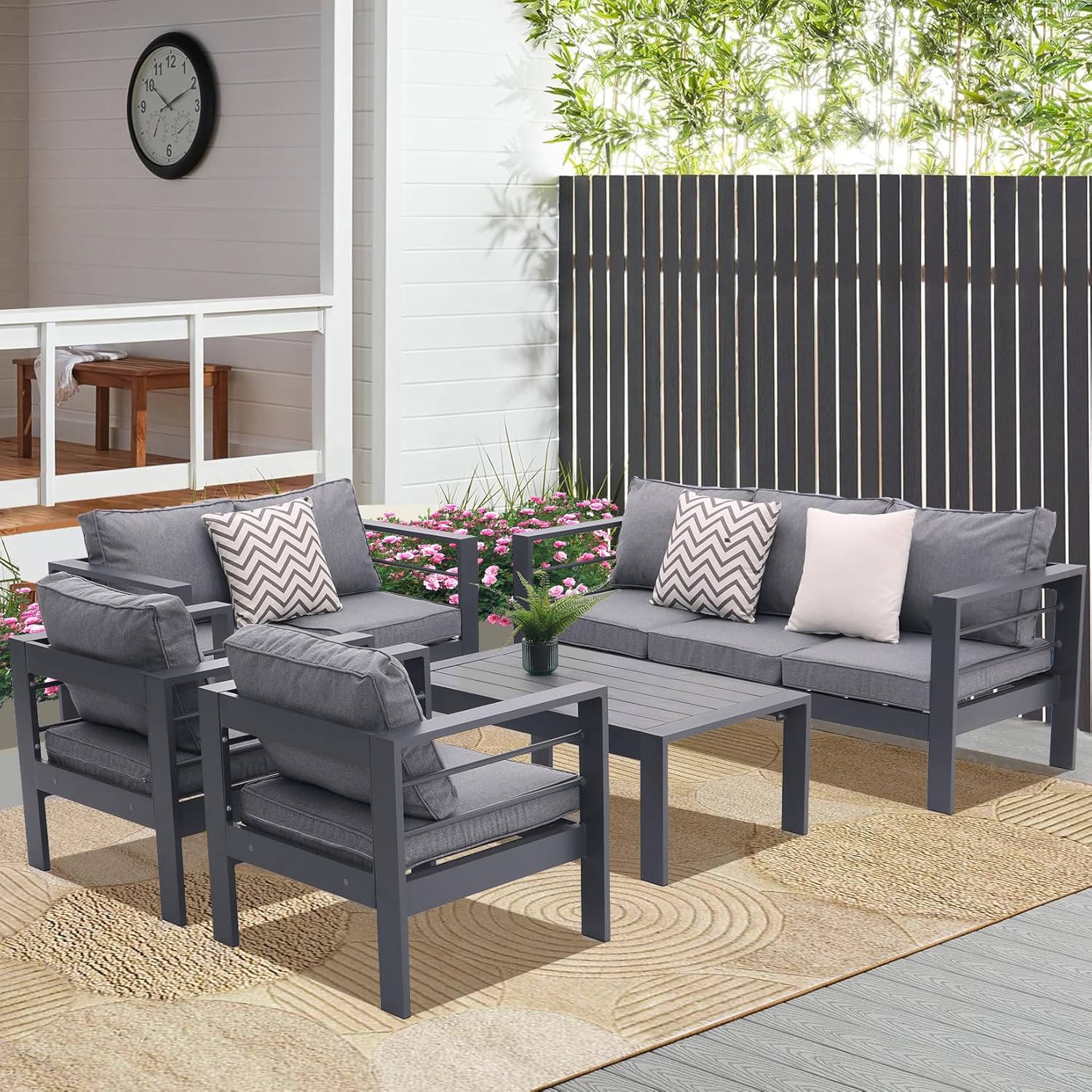 5-piece Aluminum Outdoor Patio Conversation Set,All-Weather Sectional Sofa Outside Furniture with  Removable Cushions and Tempered Glass Coffee Table for Courtyard,Poolside,Deck,Balcony(Grey)