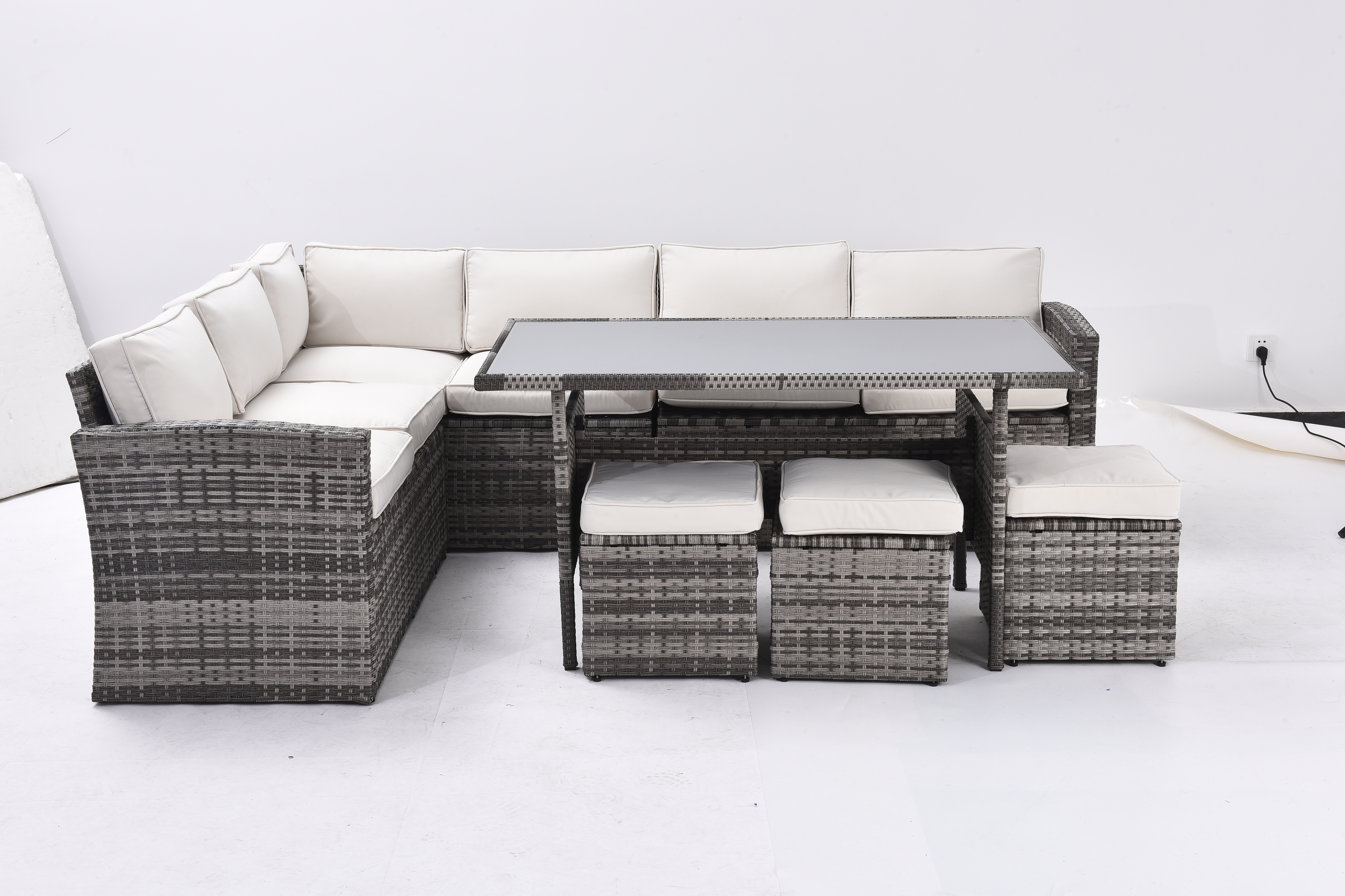 Outdoor Patio Furniture Set,7 Pieces Outdoor Sectional Conversation Sofa with Dining Table,Chairs and Ottomans,All Weather PE Rattan and Steel Frame,With Backrest and Removable Cushions(Grey+Beige)