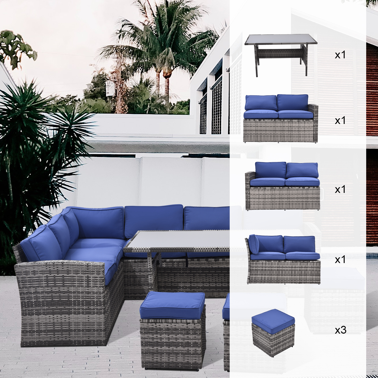 Outdoor Patio Furniture Set,7 Pieces Outdoor Sectional Conversation Sofa with Dining Table,Corner Chairs, Ottomans,All Weather PE Rattan and Steel Frame,With Backrest and Removable Cushions(Grey+Blue)