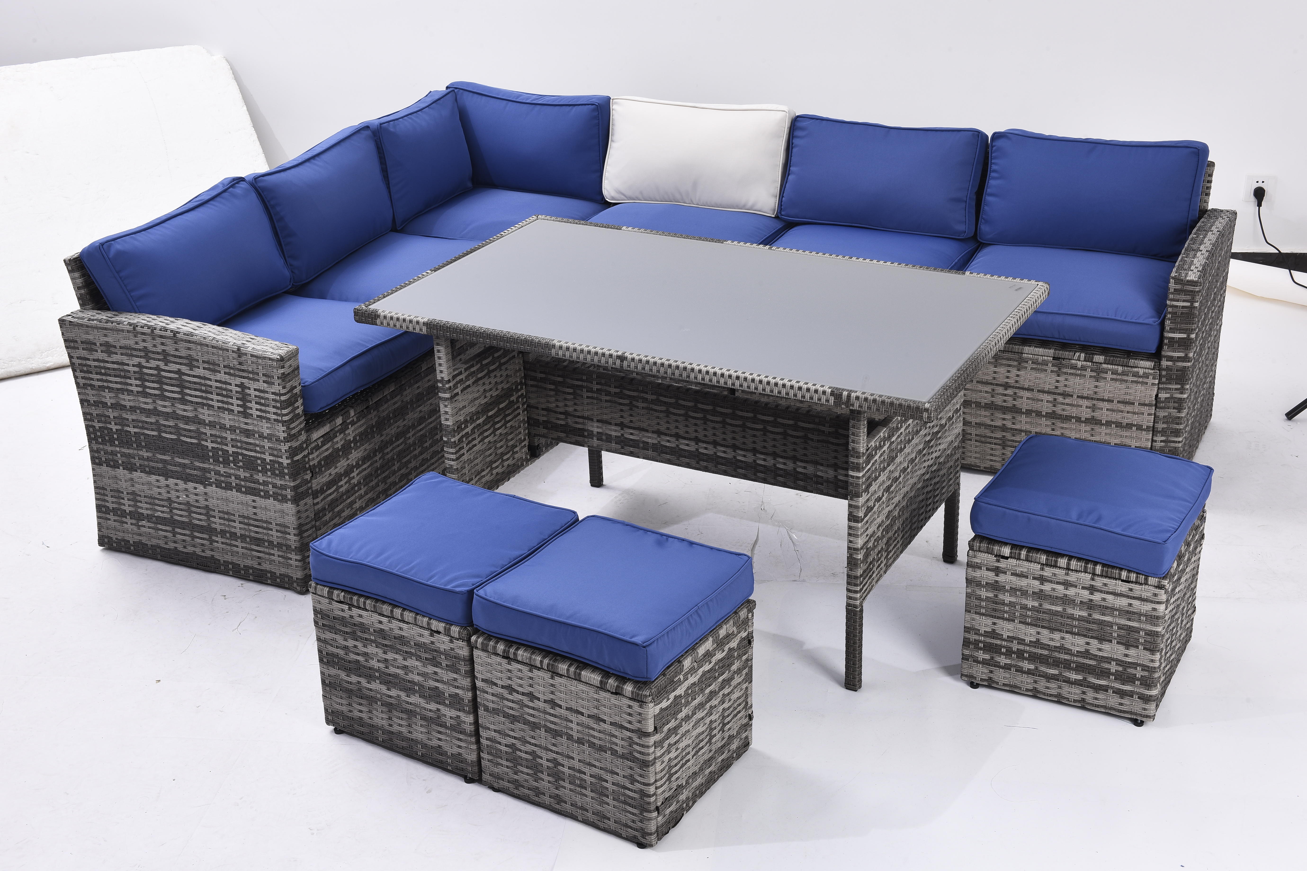 Outdoor Patio Furniture Set,7 Pieces Outdoor Sectional Conversation Sofa with Dining Table,Corner Chairs, Ottomans,All Weather PE Rattan and Steel Frame,With Backrest and Removable Cushions(Grey+Blue)