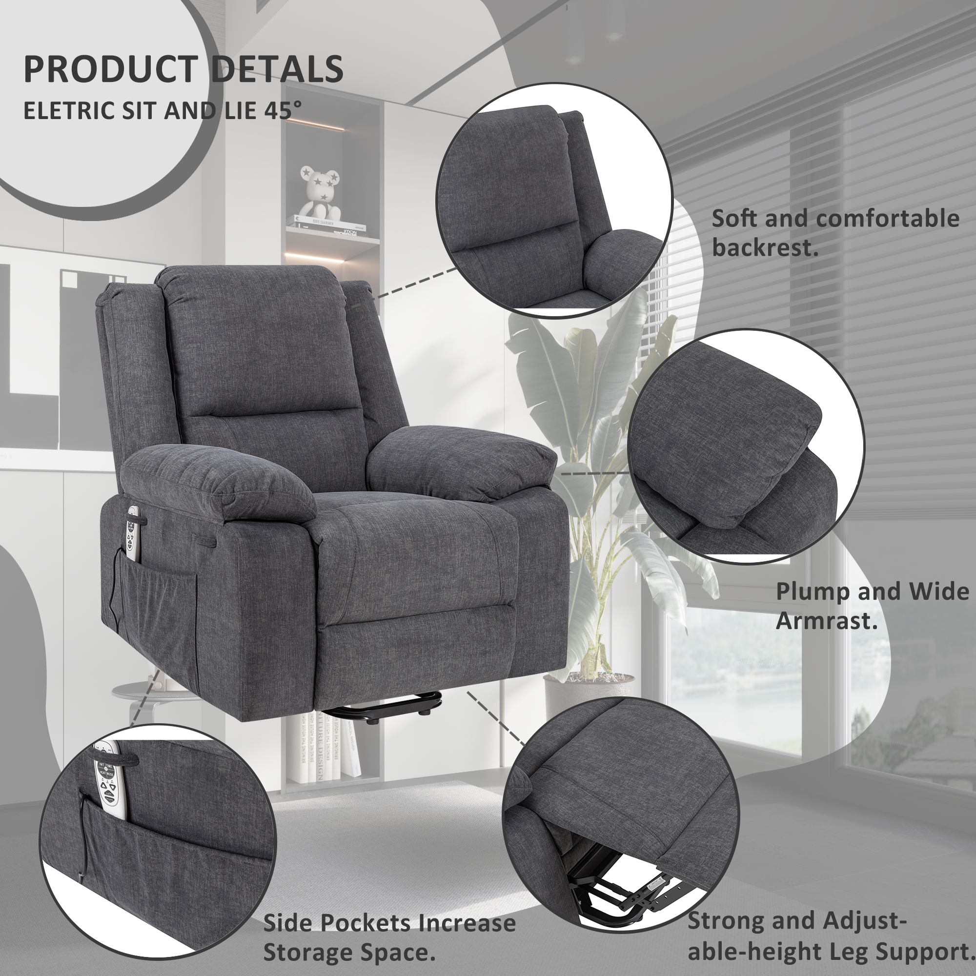 Electric Power Recliner Chair With Massage For Elderly ,Remote Control Multi-function Lifting, Timing, Cushion Heating Chair With Side Pocket Dark Grey