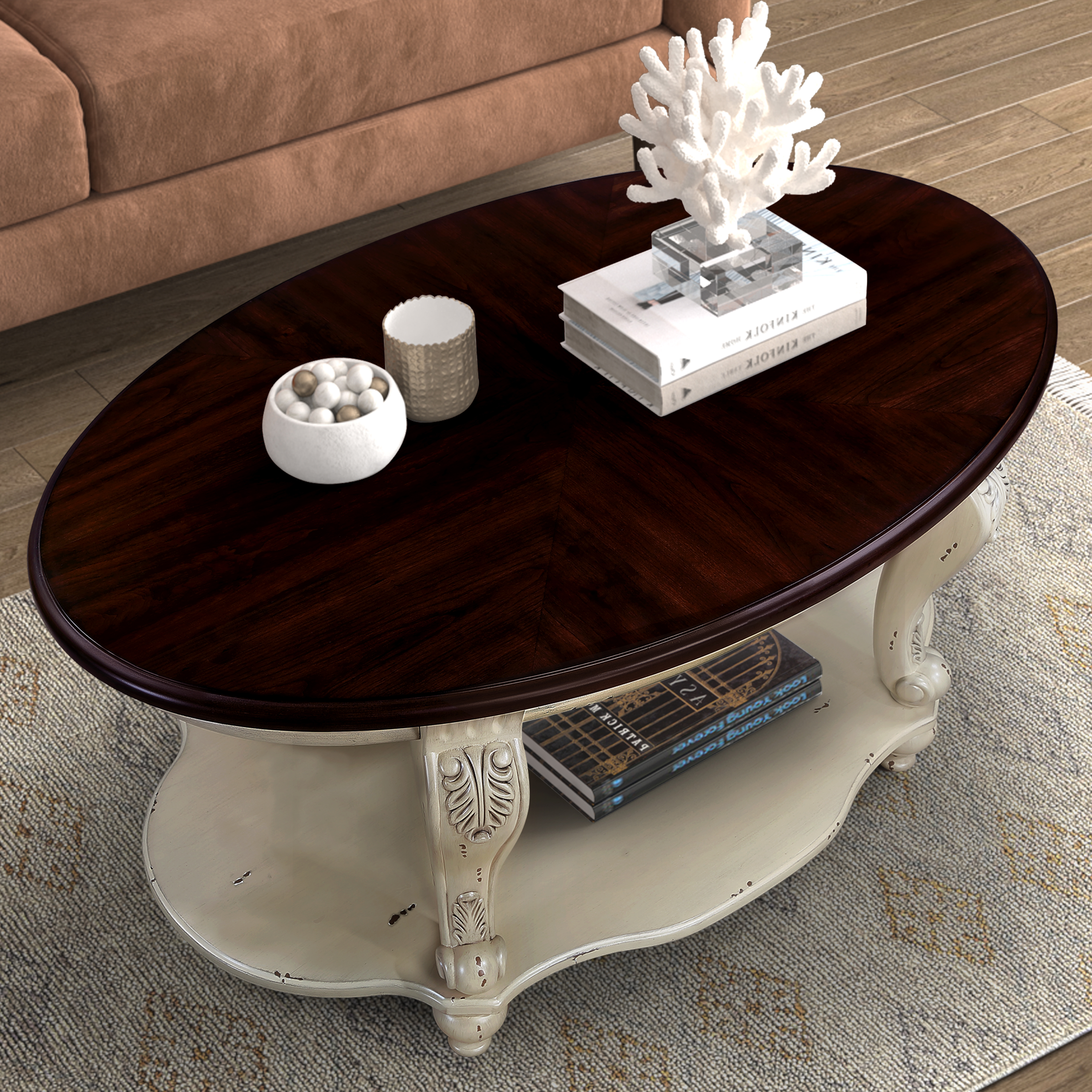 42'' oval wood coffee table for Living Room, 2-Tier Solid Wood Cocktail Table with Open Storage Shelf, Easy Assembly, Antique White& Cherry Top(written on Box is Antique White and Light Espresso top)