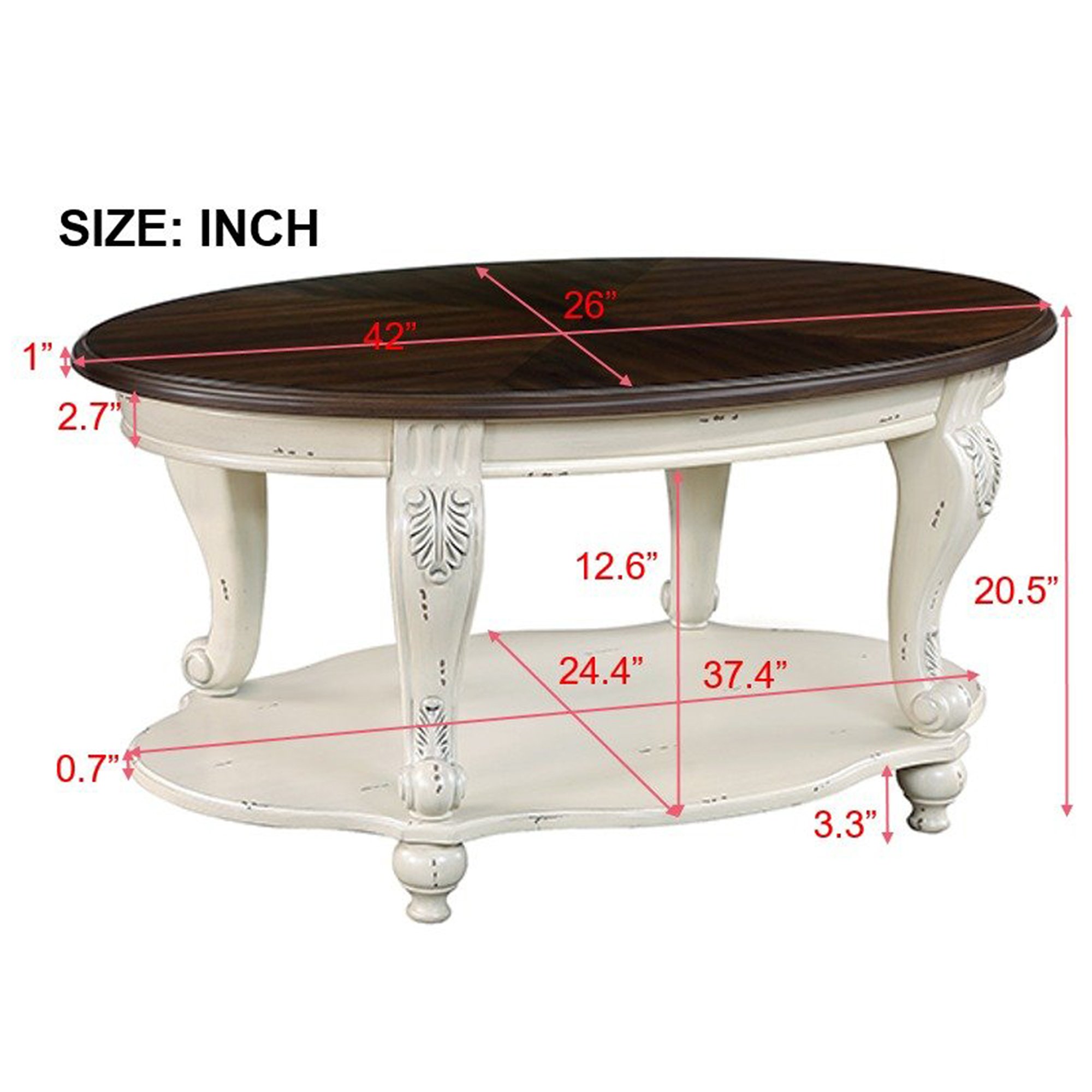 42'' oval wood coffee table for Living Room, 2-Tier Solid Wood Cocktail Table with Open Storage Shelf, Easy Assembly, Antique White& Cherry Top(written on Box is Antique White and Light Espresso top)