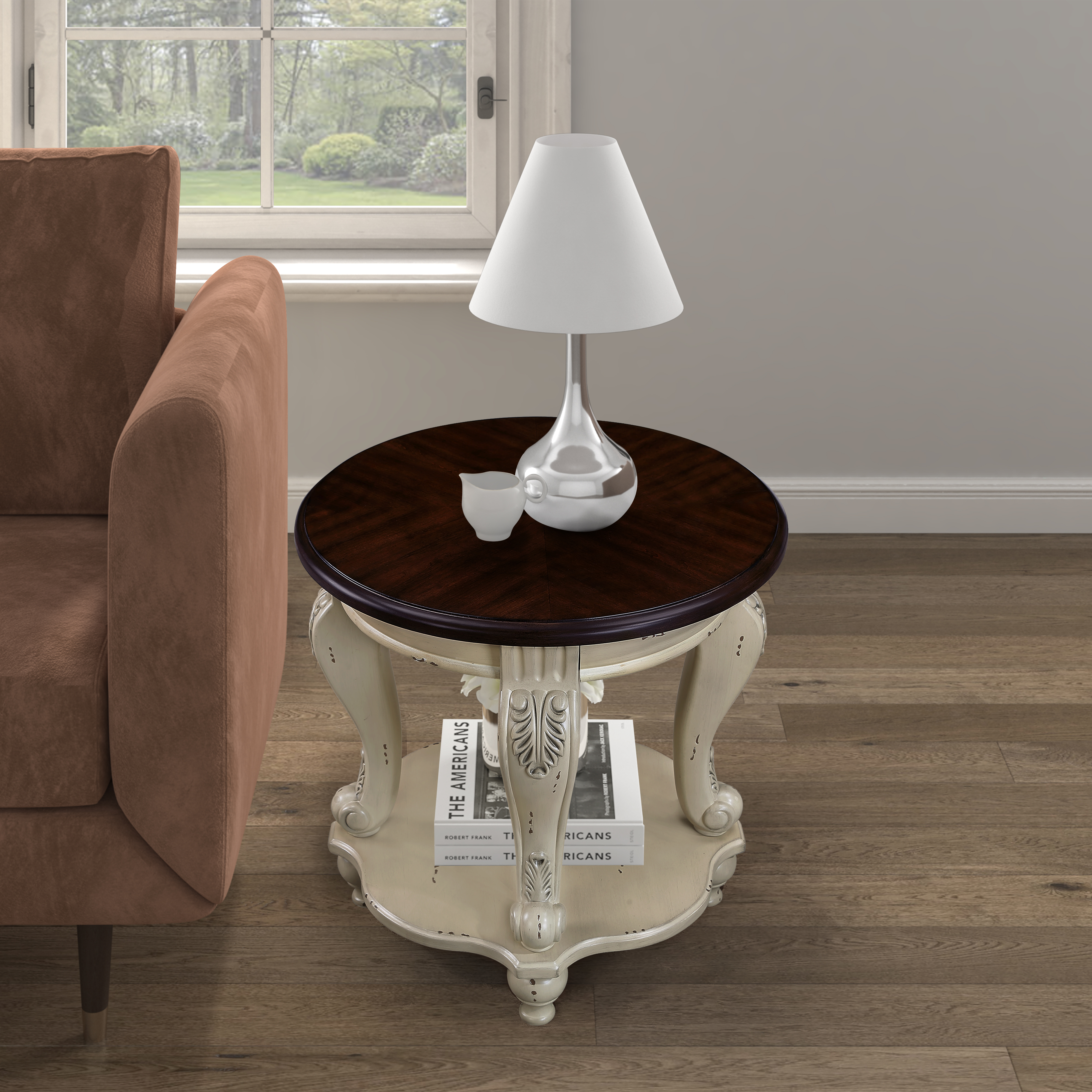 22'' Two Tone Round End Table,Solid Wood Sofa Side Table with Shelf,Living Room Corner Table Easy Assemble,Chipped White and Cherry Top ( color written on box is antique white and light espresso top)