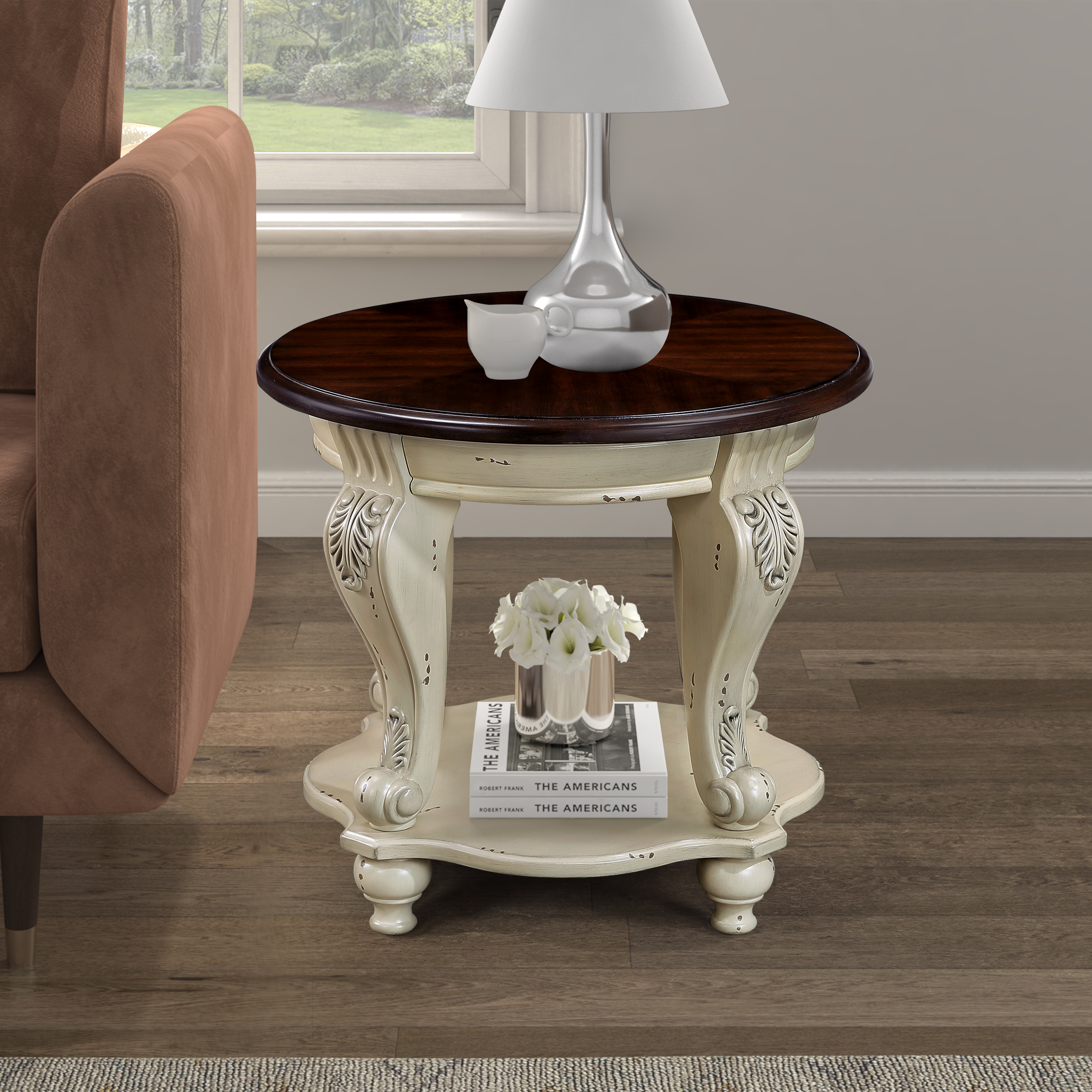 22'' Two Tone Round End Table,Solid Wood Sofa Side Table with Shelf,Living Room Corner Table Easy Assemble,Chipped White and Cherry Top ( color written on box is antique white and light espresso top)