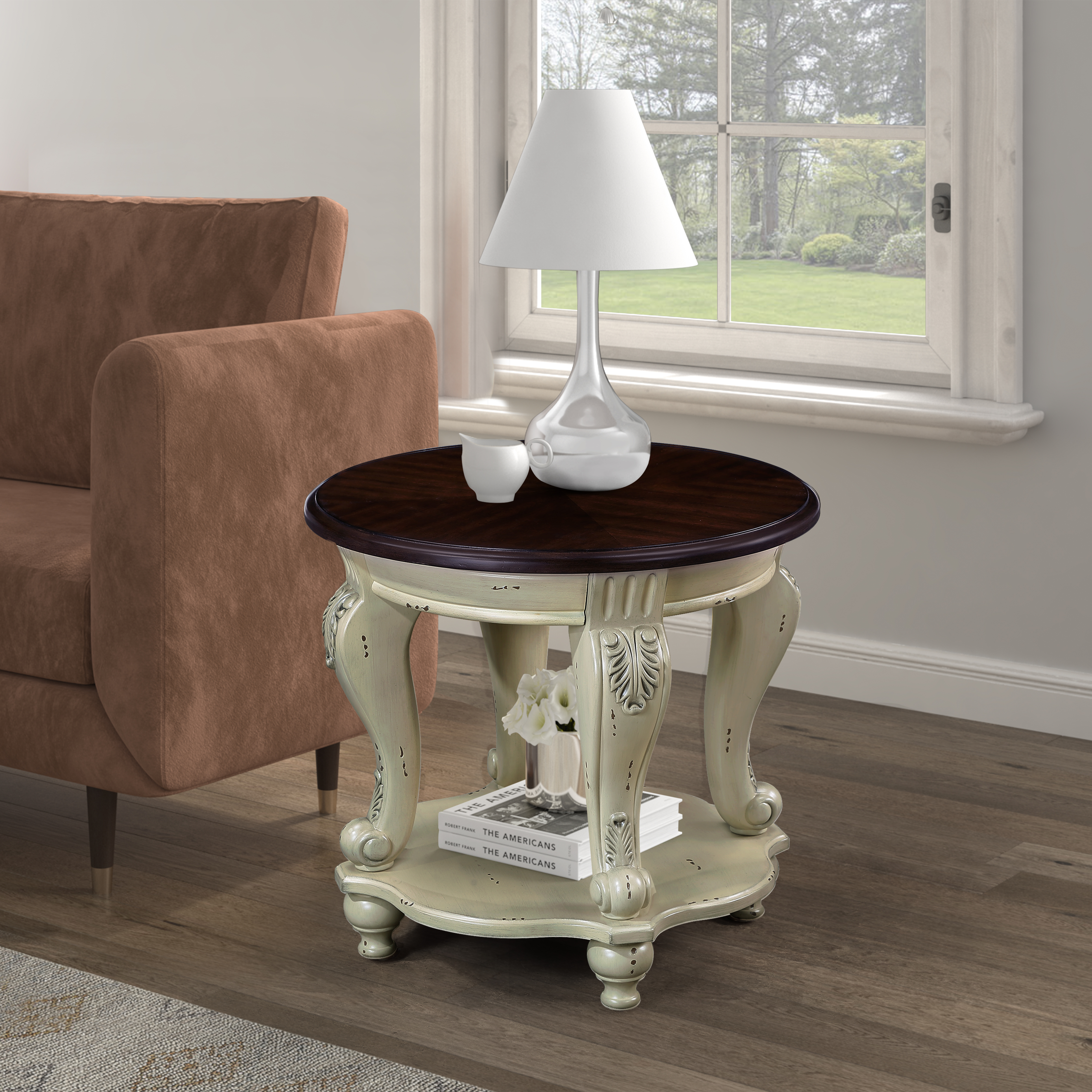 22'' Two Tone Round End Table,Solid Wood Sofa Side Table with Shelf,Living Room Corner Table Easy Assemble,Chipped White and Cherry Top ( color written on box is antique white and light espresso top)