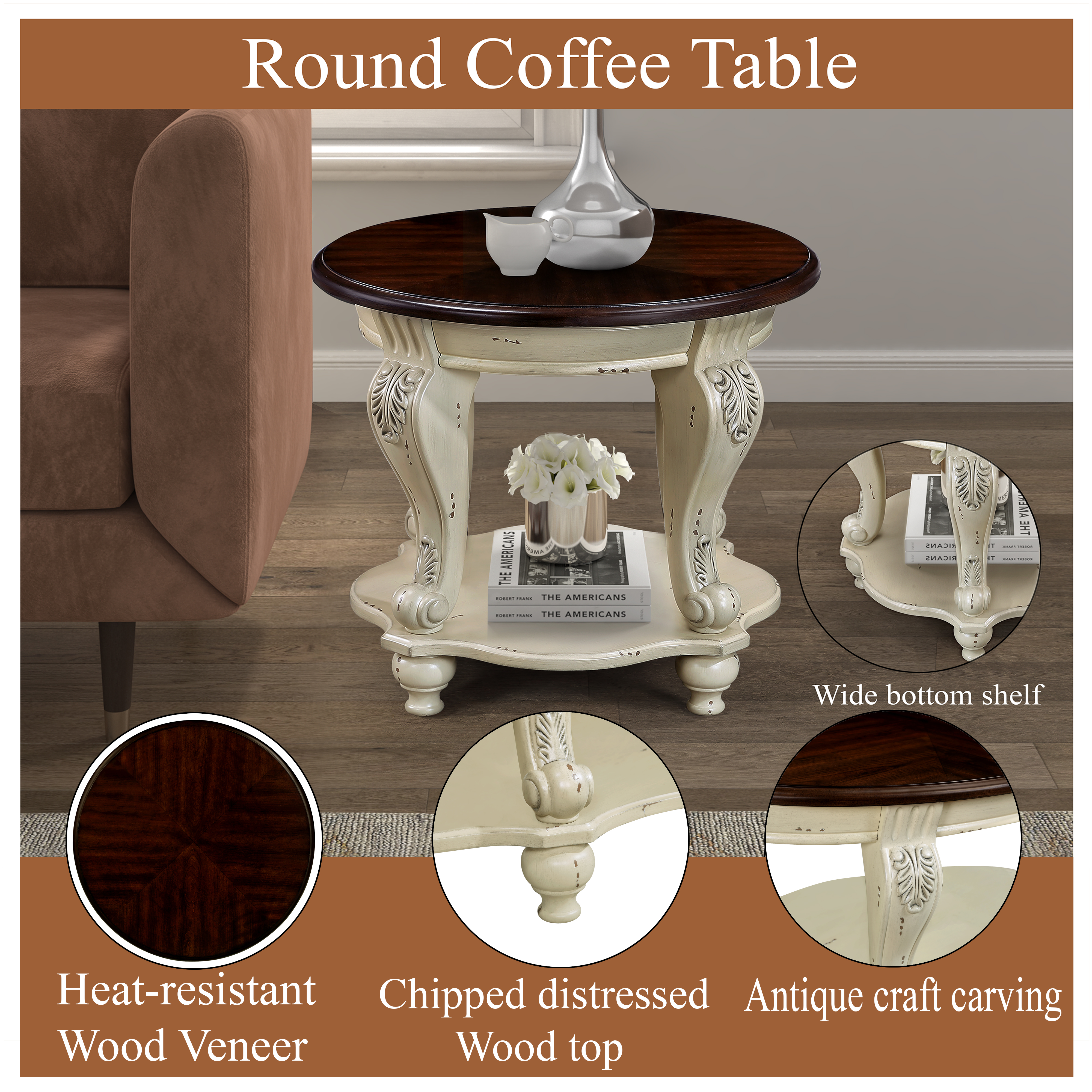 22'' Two Tone Round End Table,Solid Wood Sofa Side Table with Shelf,Living Room Corner Table Easy Assemble,Chipped White and Cherry Top ( color written on box is antique white and light espresso top)