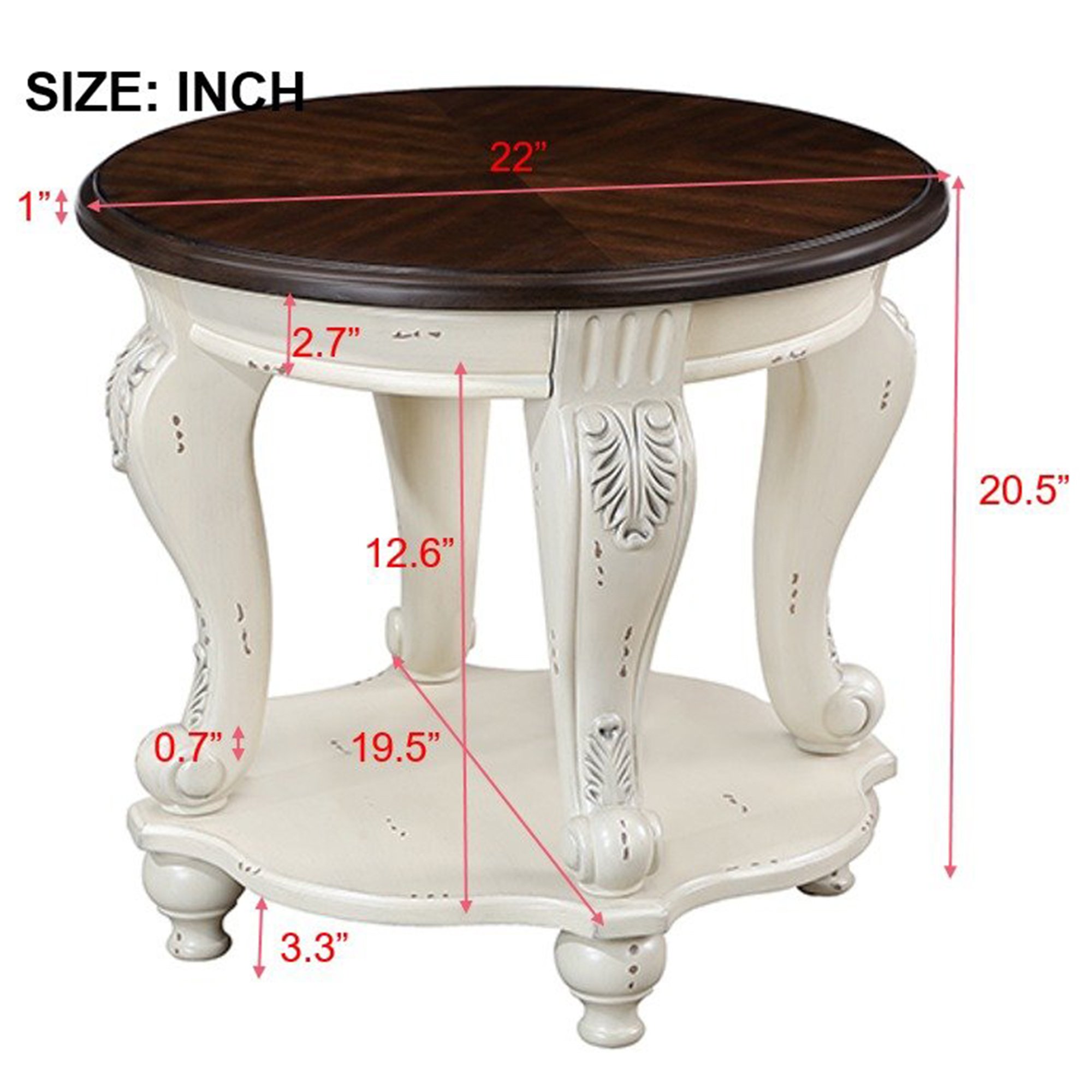 22'' Two Tone Round End Table,Solid Wood Sofa Side Table with Shelf,Living Room Corner Table Easy Assemble,Chipped White and Cherry Top ( color written on box is antique white and light espresso top)