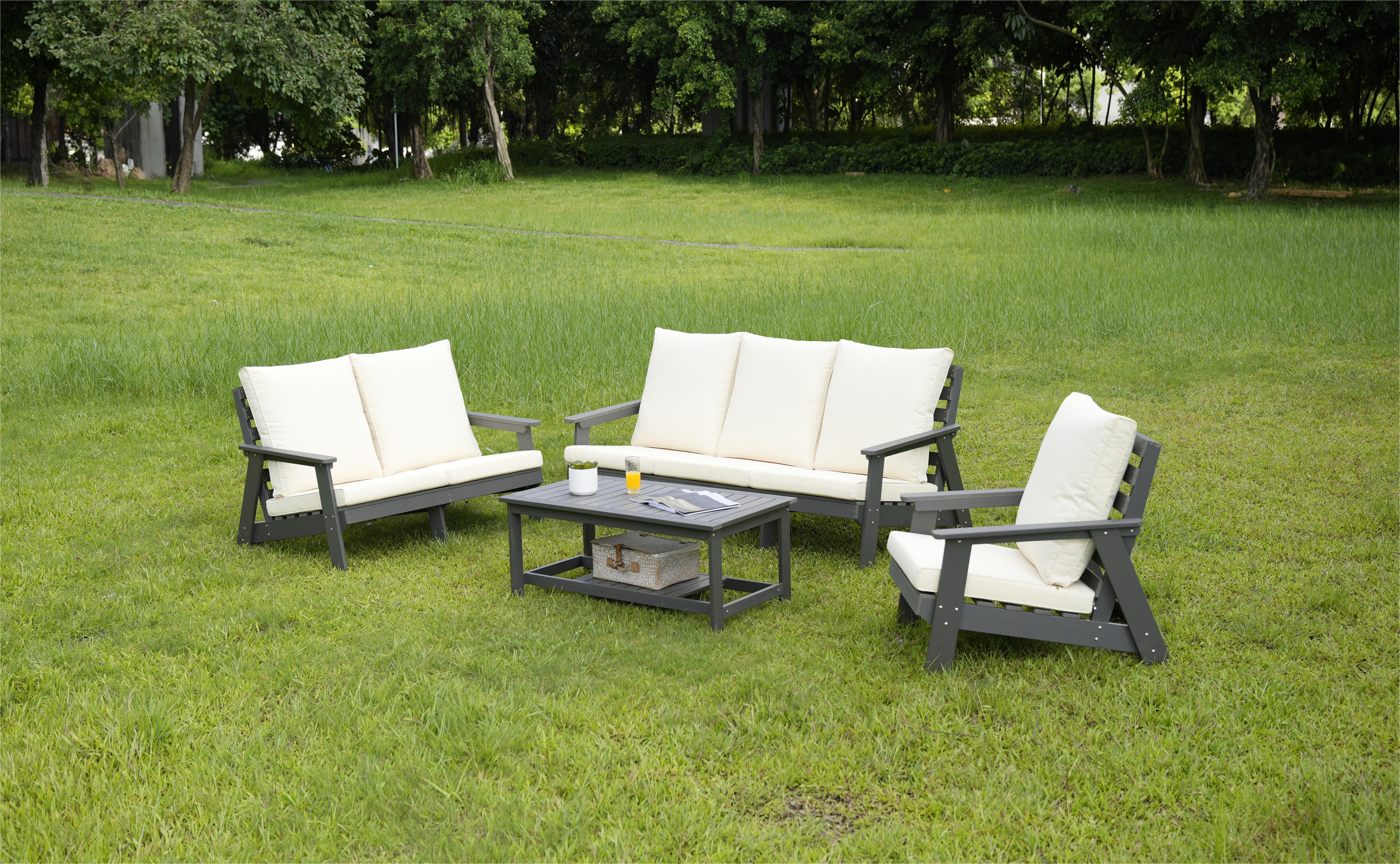 HIPS All-Weather Outdoor Single Sofa with Cushion, Sofa Set for Porch, Poolside, Terrace, and Yard Armchair Grey/Beige