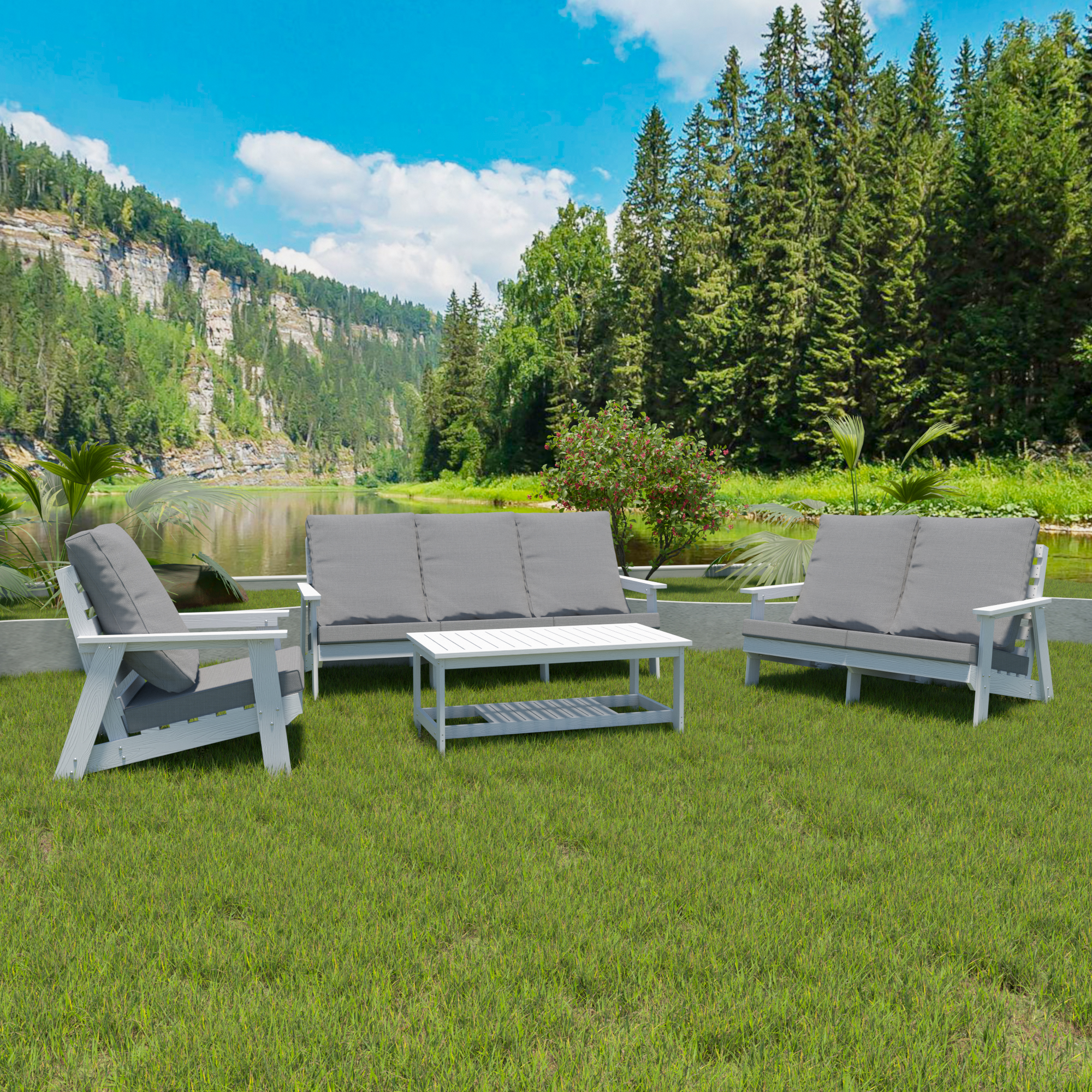 HIPS All-Weather Outdoor Single Sofa with Cushion, White/Grey