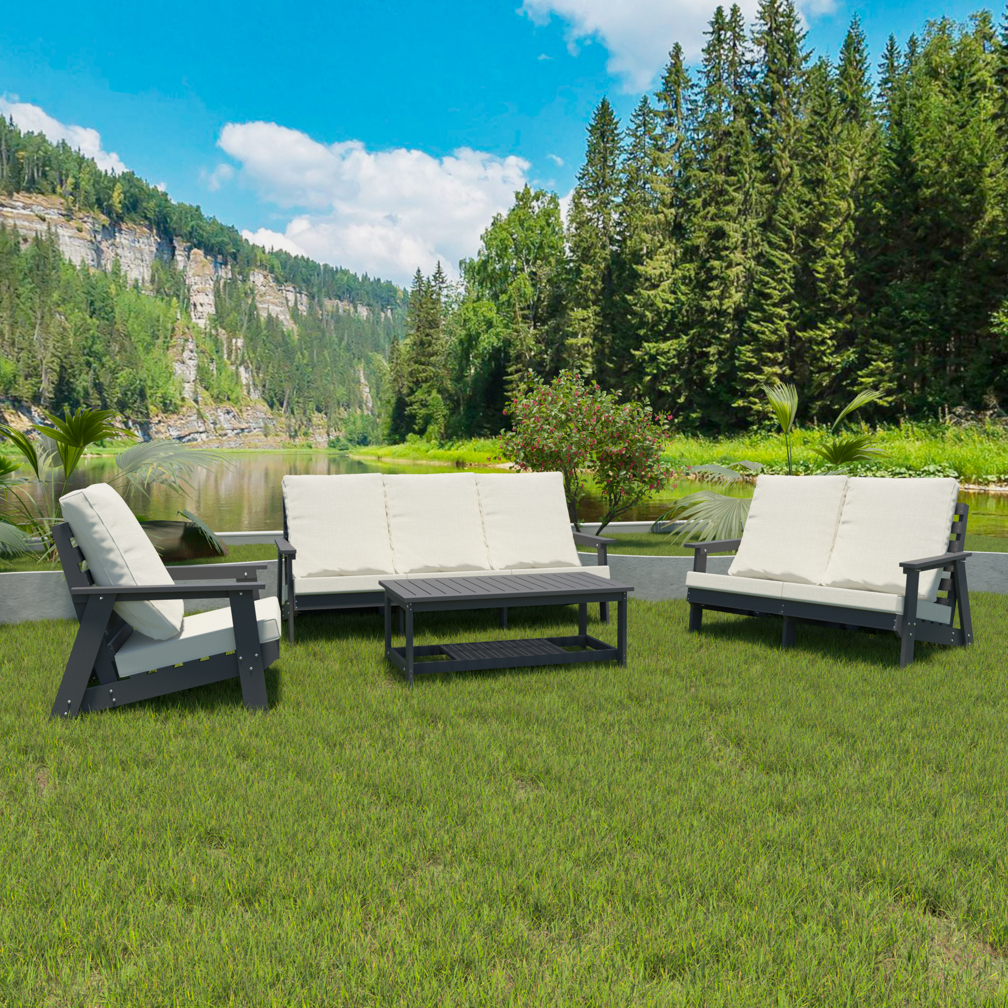 HIPS All-Weather Outdoor Single Sofa with Cushion, Sofa Set for Porch, Poolside, Terrace, and Yard Armchair Grey/Beige