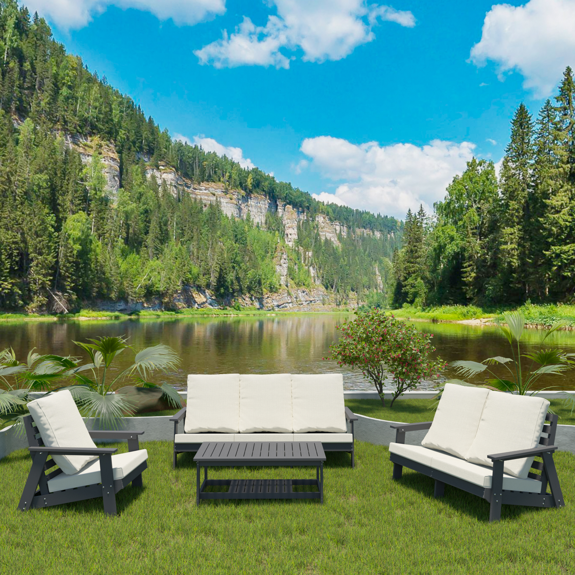 HIPS All-Weather Outdoor Single Sofa with Cushion, Sofa Set for Porch, Poolside, Terrace, and Yard Armchair Grey/Beige