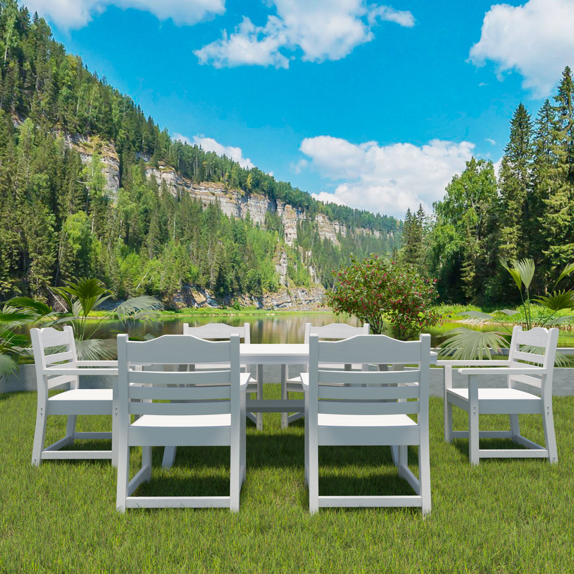 Patio Dining Chair with Armset Set of 2, Pure White with Imitation Wood Grain Wexture,HIPS Material