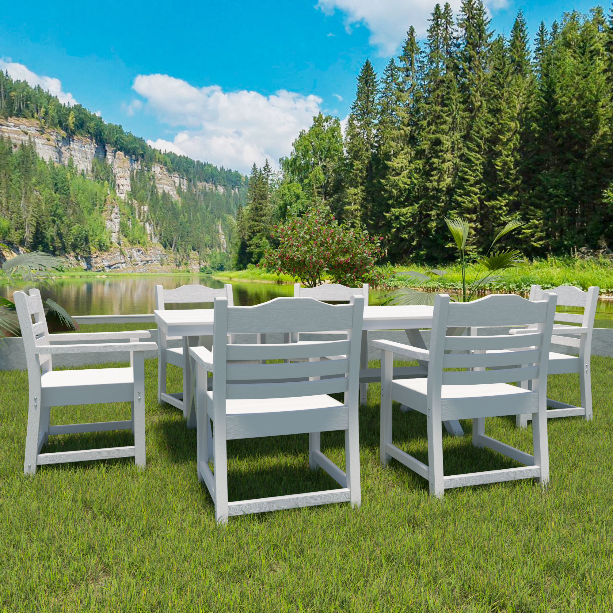 Patio Dining Chair with Armset Set of 2, Pure White with Imitation Wood Grain Wexture,HIPS Material