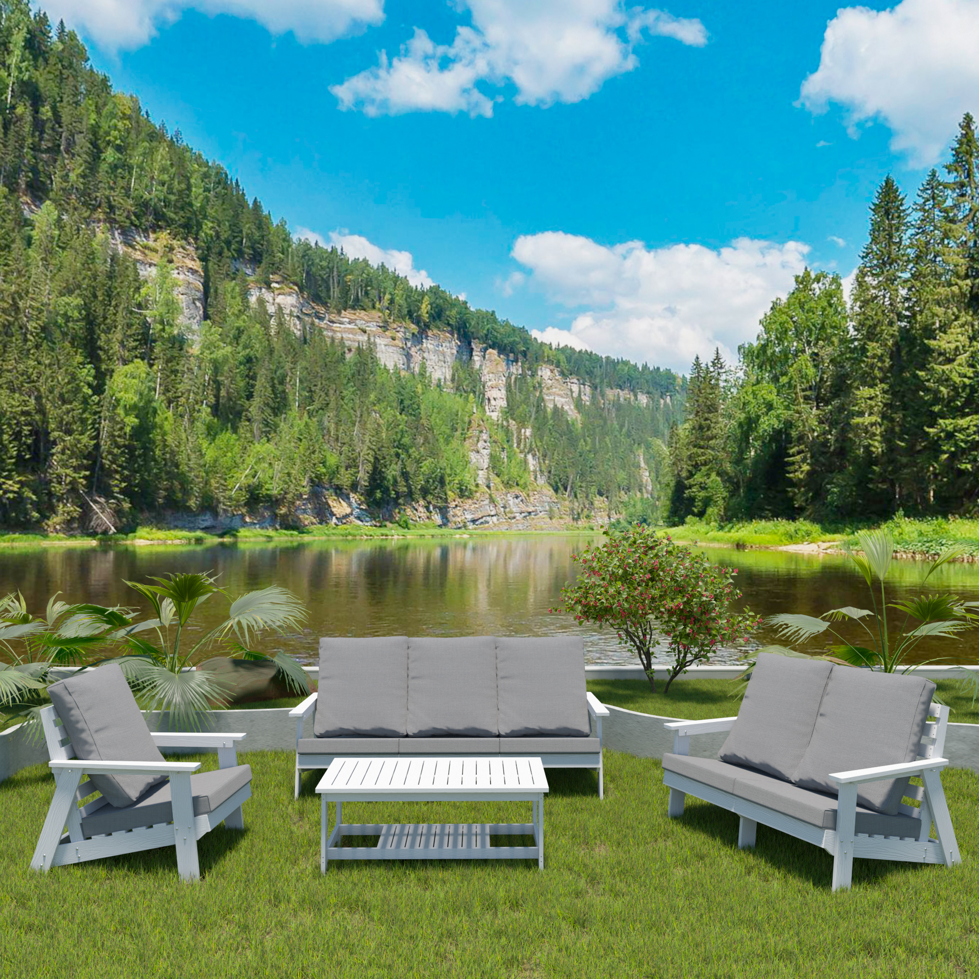 HIPS All-Weather Outdoor Single Sofa with Cushion, White/Grey