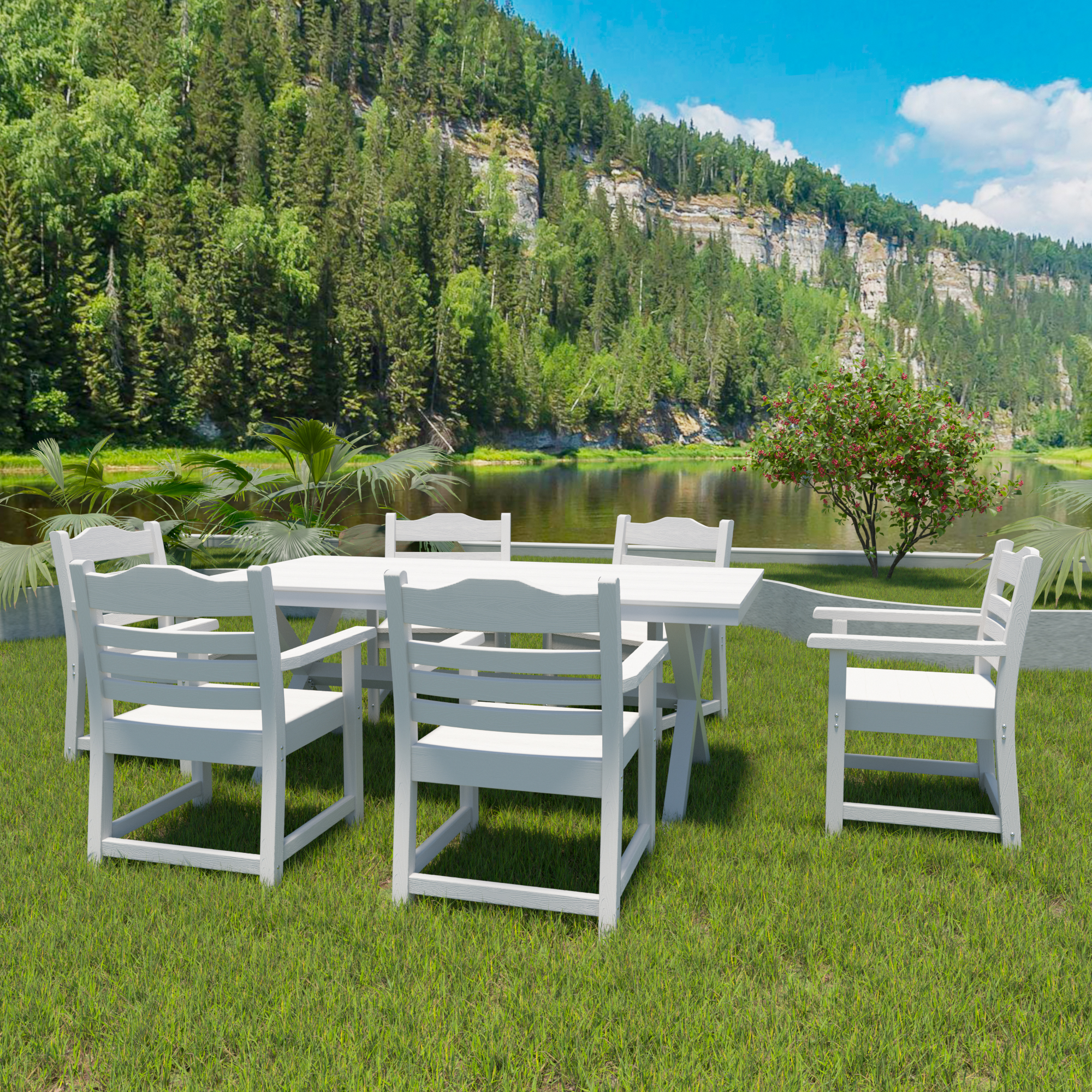 Patio Dining Chair with Armset Set of 2, Pure White with Imitation Wood Grain Wexture,HIPS Material