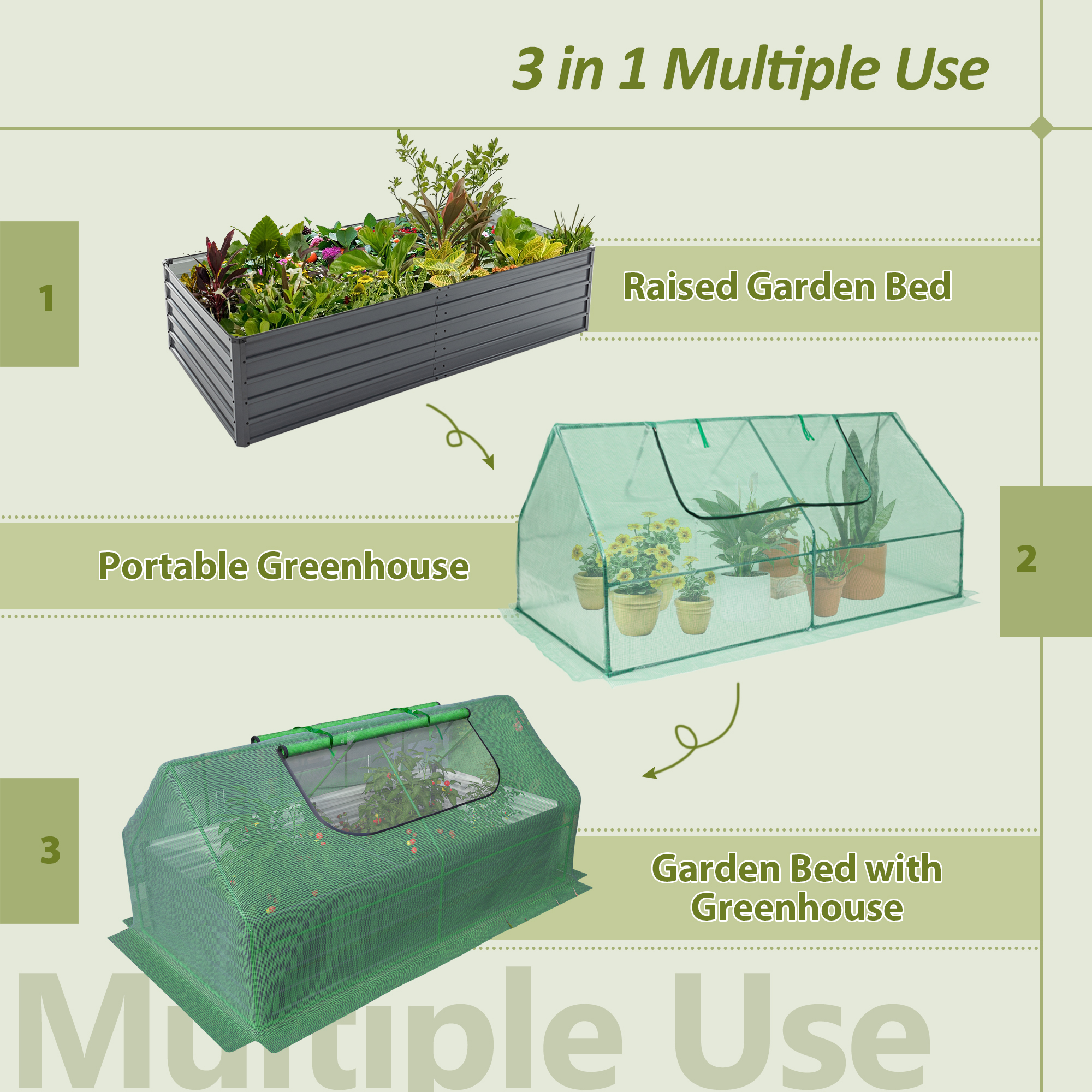 8x4x2ft Galvanized Raised Garden Bed with Cover Metal Planter Box Kit, w/ 2 Large Screen Windows Mini Greenhouse ,Outdoor Growing Vegetables