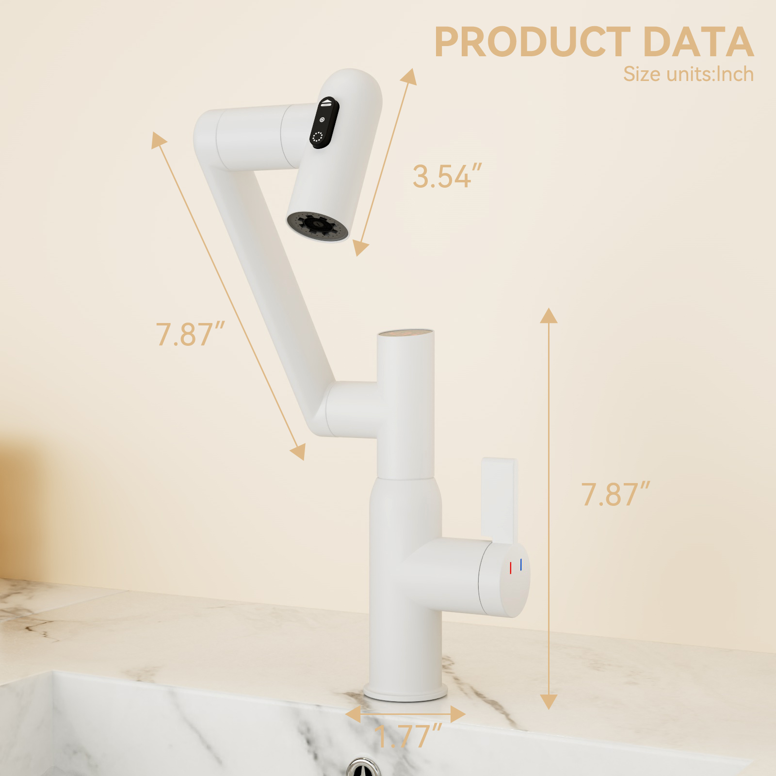 Bathroom White Sink Faucet with Spray Function and Temperature Display for Anti-Skid Switch and Hot & Cold and 360° Rotary