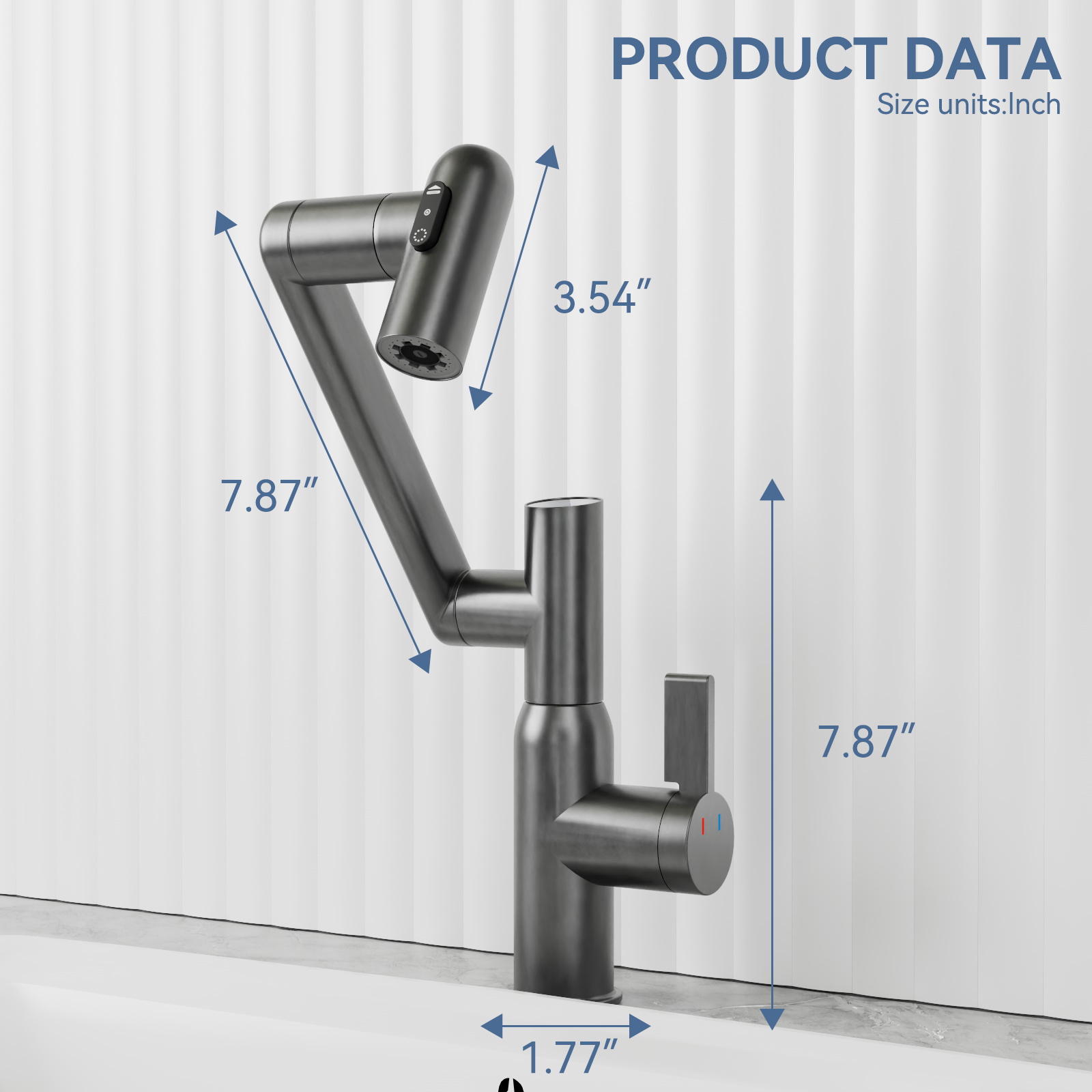 Gun Grey Bathroom Sink Faucet with Spray Function and Temperature Display for Anti-Skid Switch and Hot & Cold and 360° Rotary