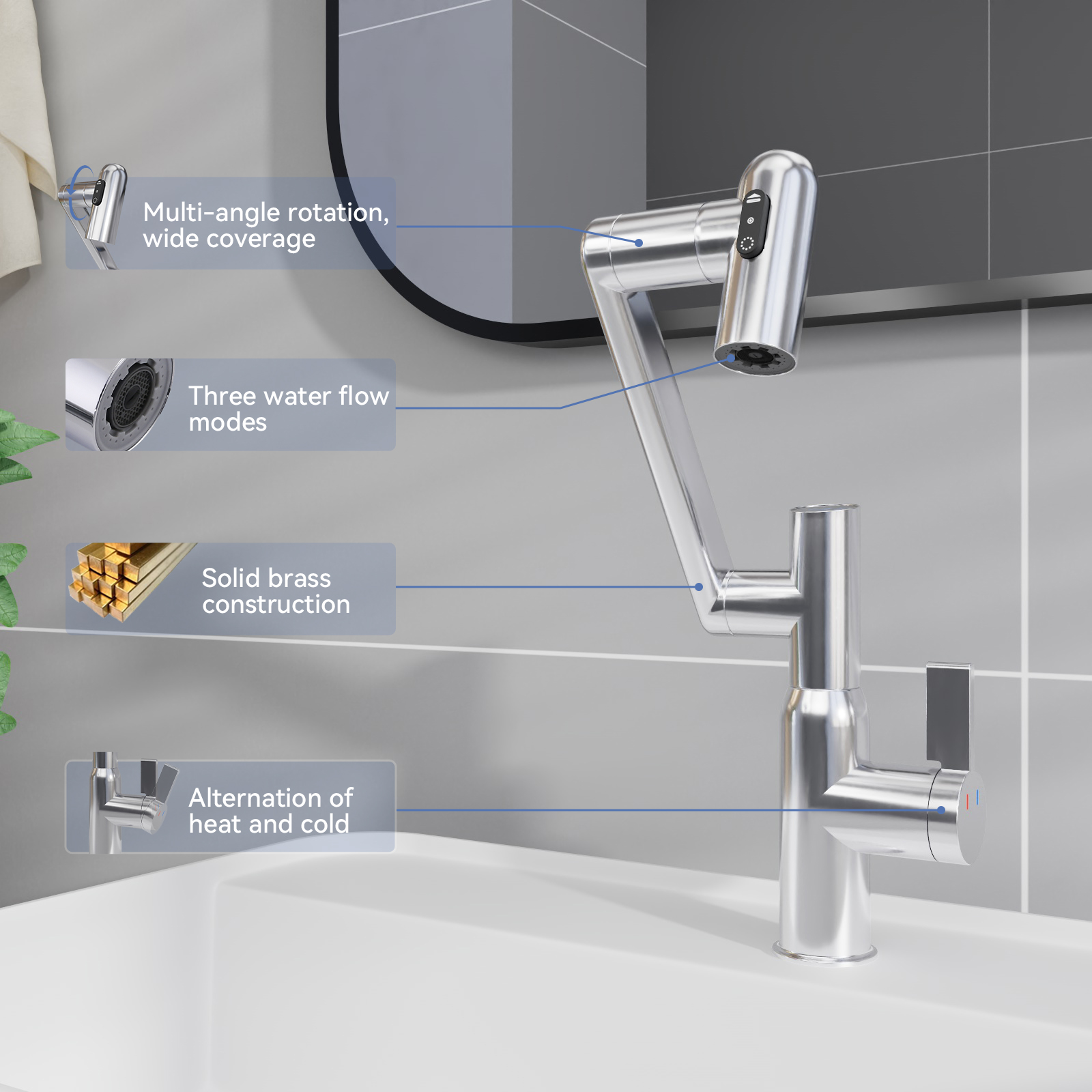 Chrome Bathroom Sink Faucet with Spray Function and Temperature Display for Anti-Skid Switch and Hot & Cold and 360° Rotary