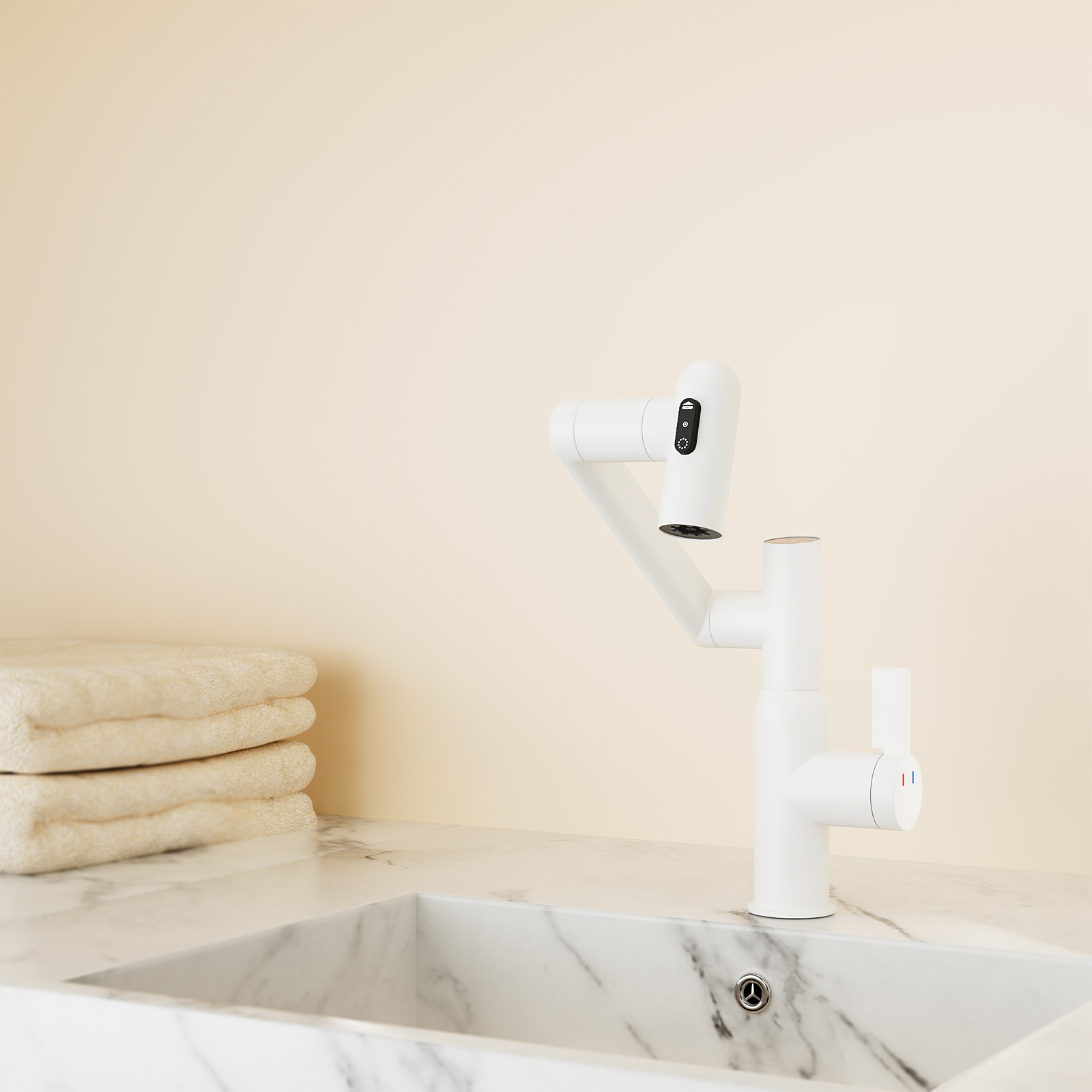 Bathroom White Sink Faucet with Spray Function and Temperature Display for Anti-Skid Switch and Hot & Cold and 360° Rotary