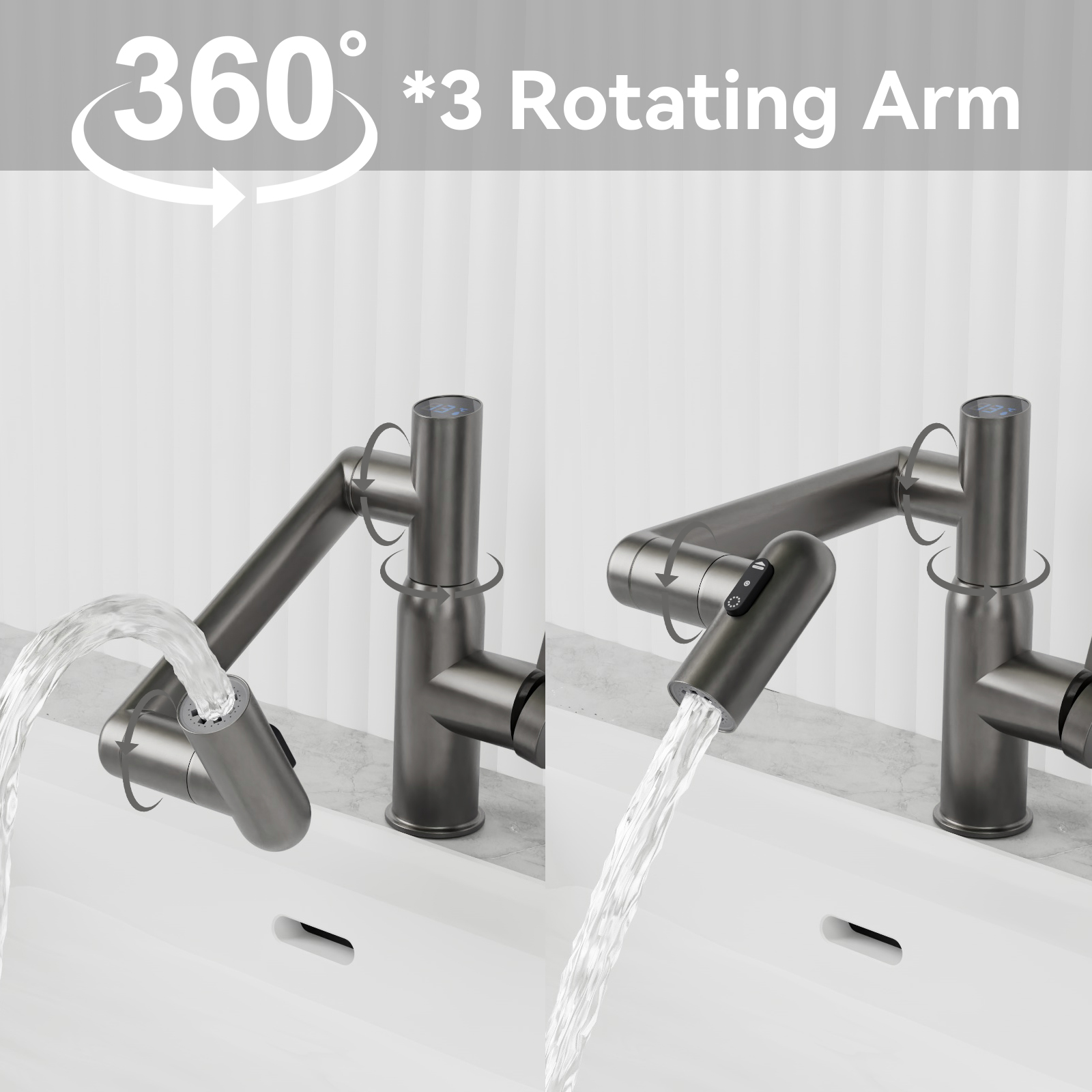 Gun Grey Bathroom Sink Faucet with Spray Function and Temperature Display for Anti-Skid Switch and Hot & Cold and 360° Rotary