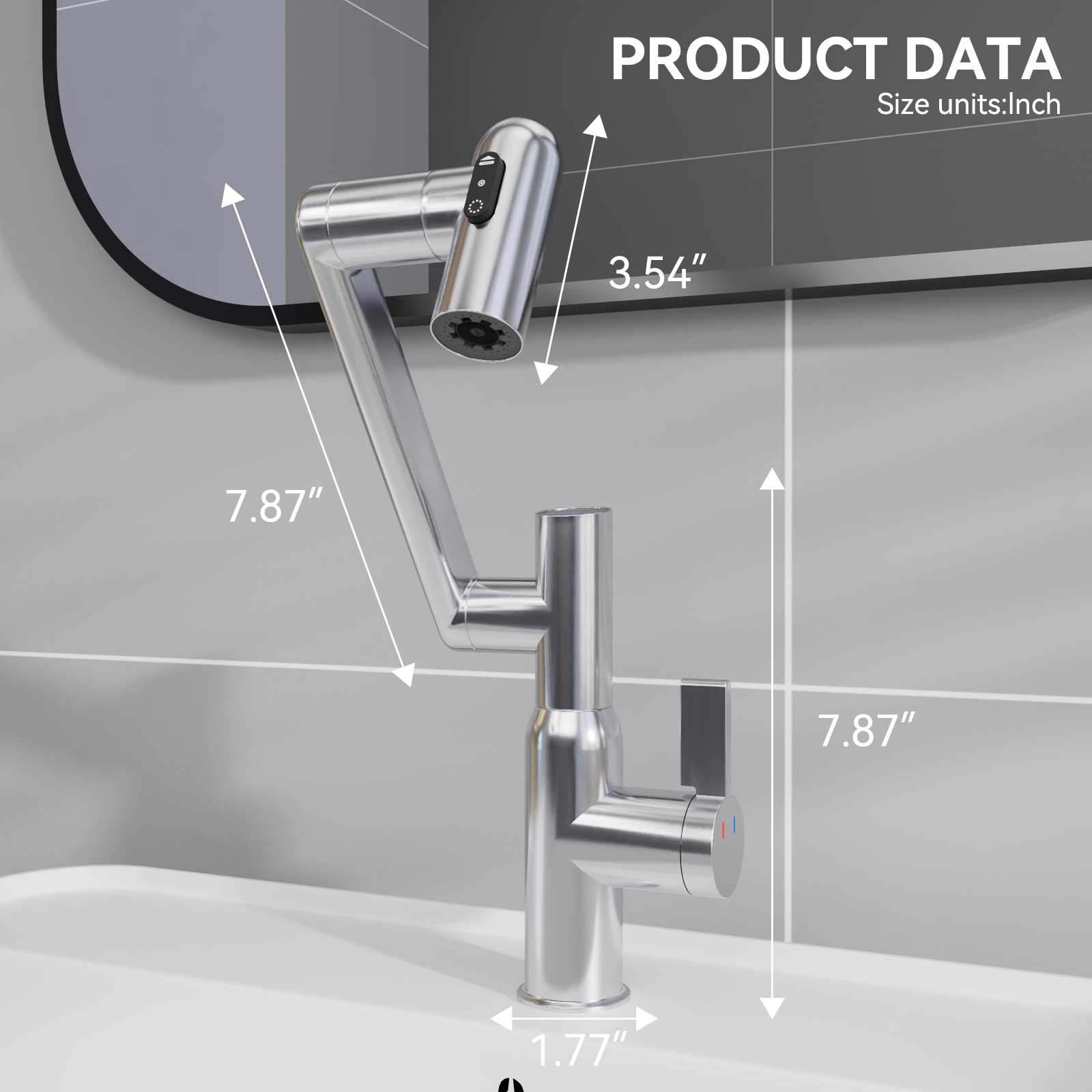 Chrome Bathroom Sink Faucet with Spray Function and Temperature Display for Anti-Skid Switch and Hot & Cold and 360° Rotary