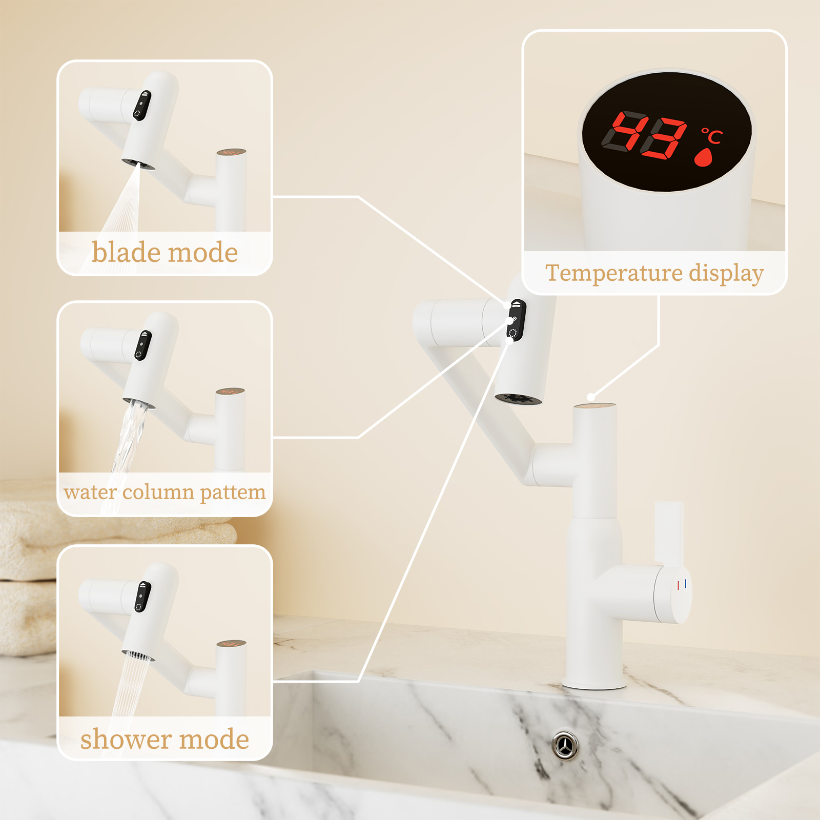 Bathroom White Sink Faucet with Spray Function and Temperature Display for Anti-Skid Switch and Hot & Cold and 360° Rotary