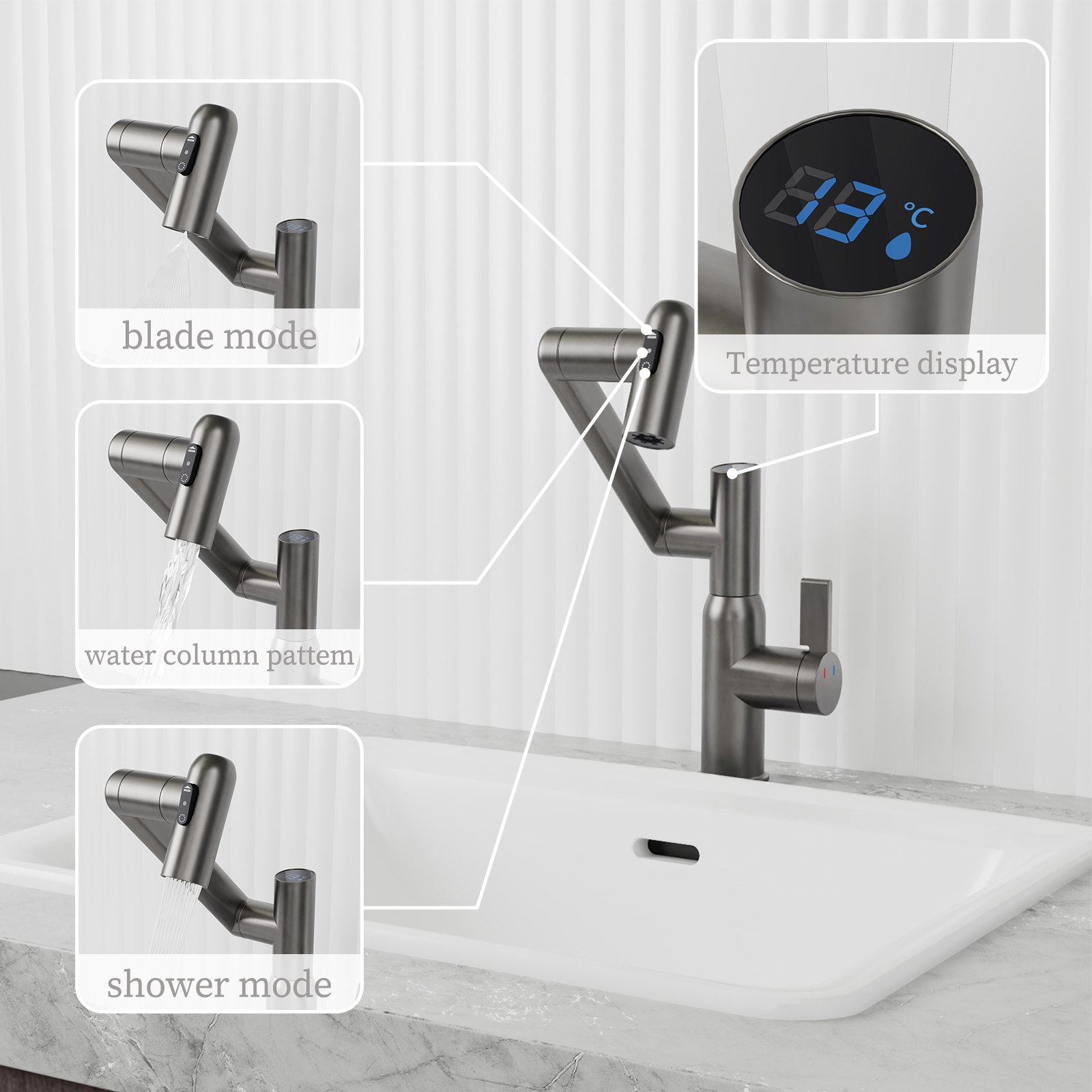 Gun Grey Bathroom Sink Faucet with Spray Function and Temperature Display for Anti-Skid Switch and Hot & Cold and 360° Rotary