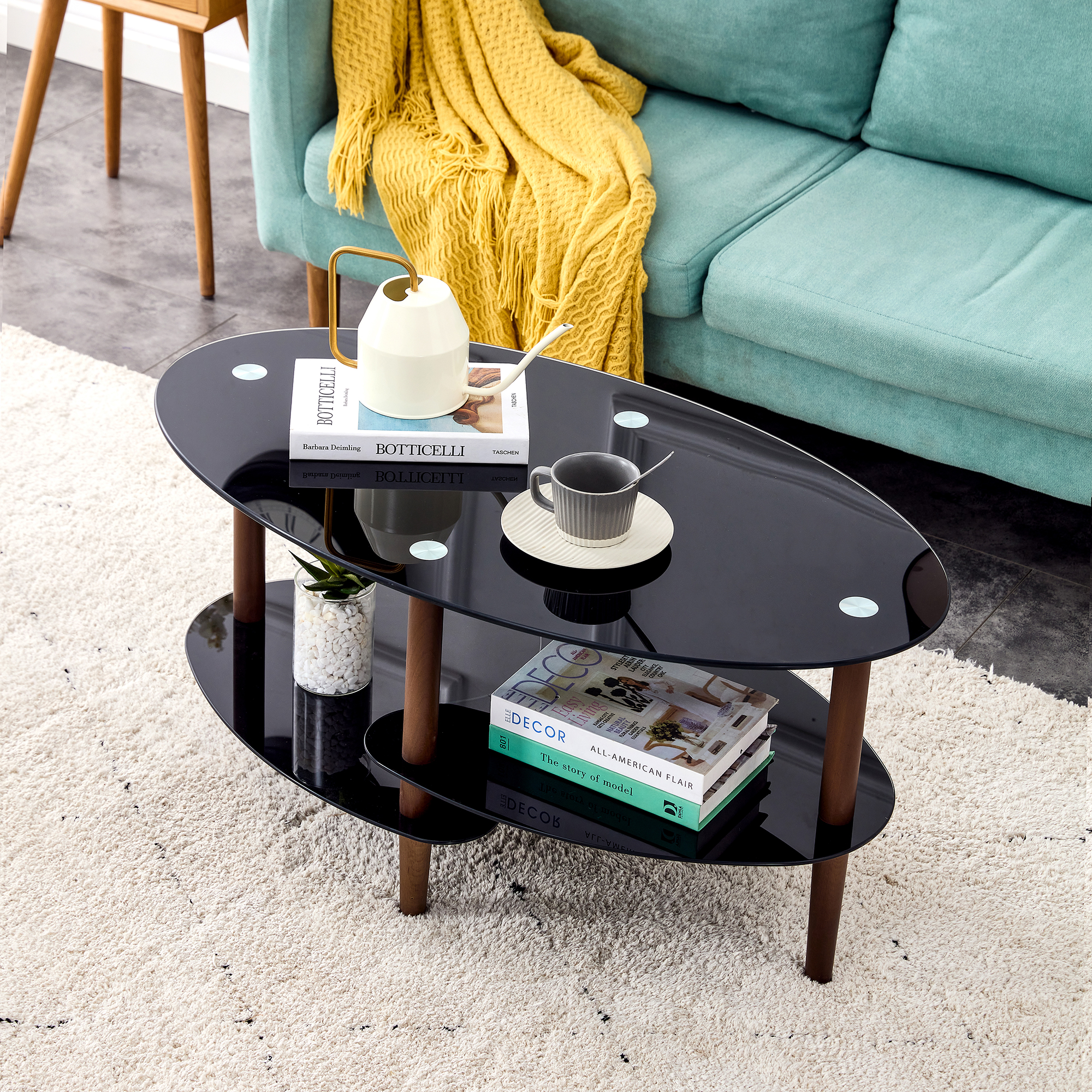 Black Oval glass coffee table, modern table in living room Oak wood leg tea table 3-layer  tempered glass table