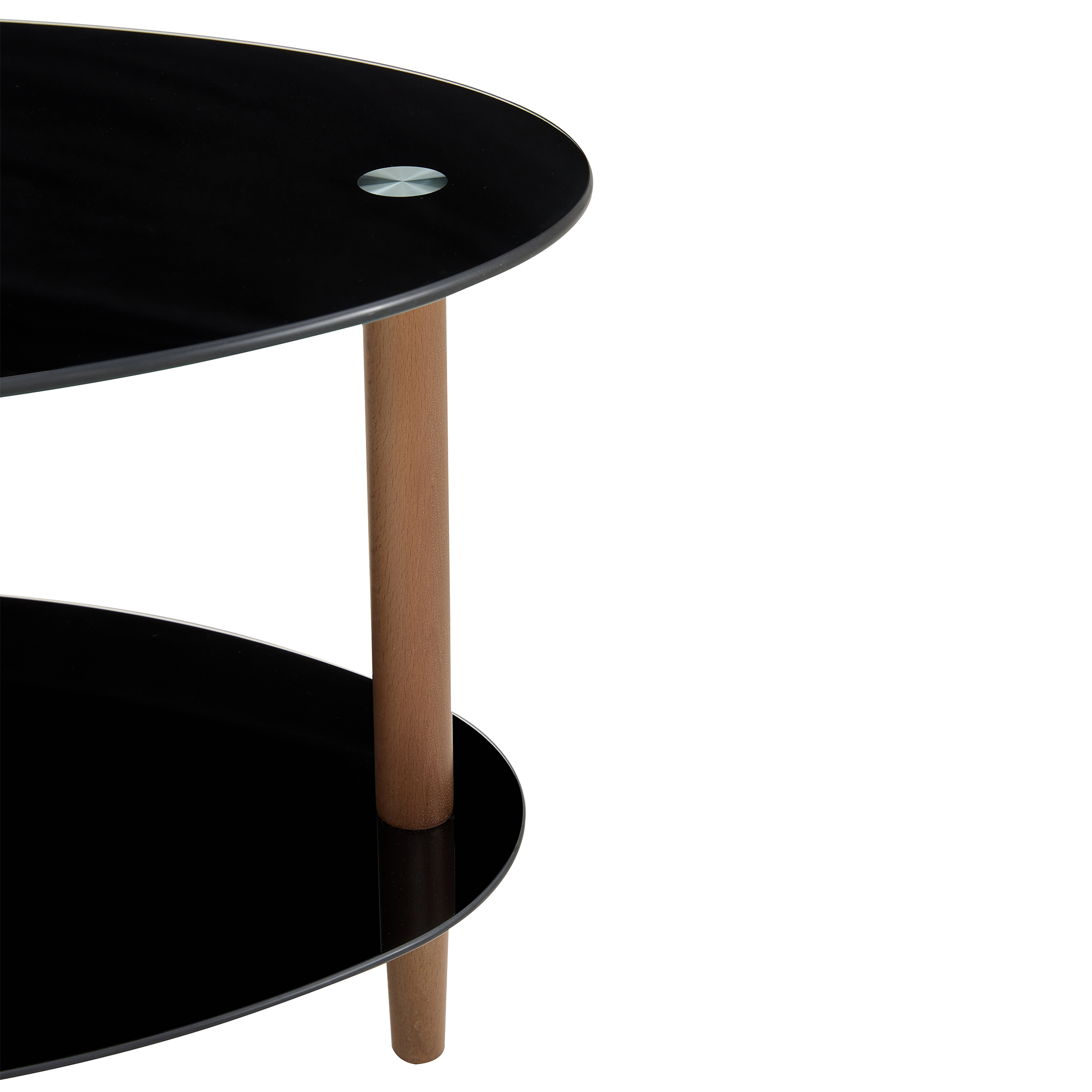 Black Oval glass coffee table, modern table in living room Oak wood leg tea table 3-layer  tempered glass table