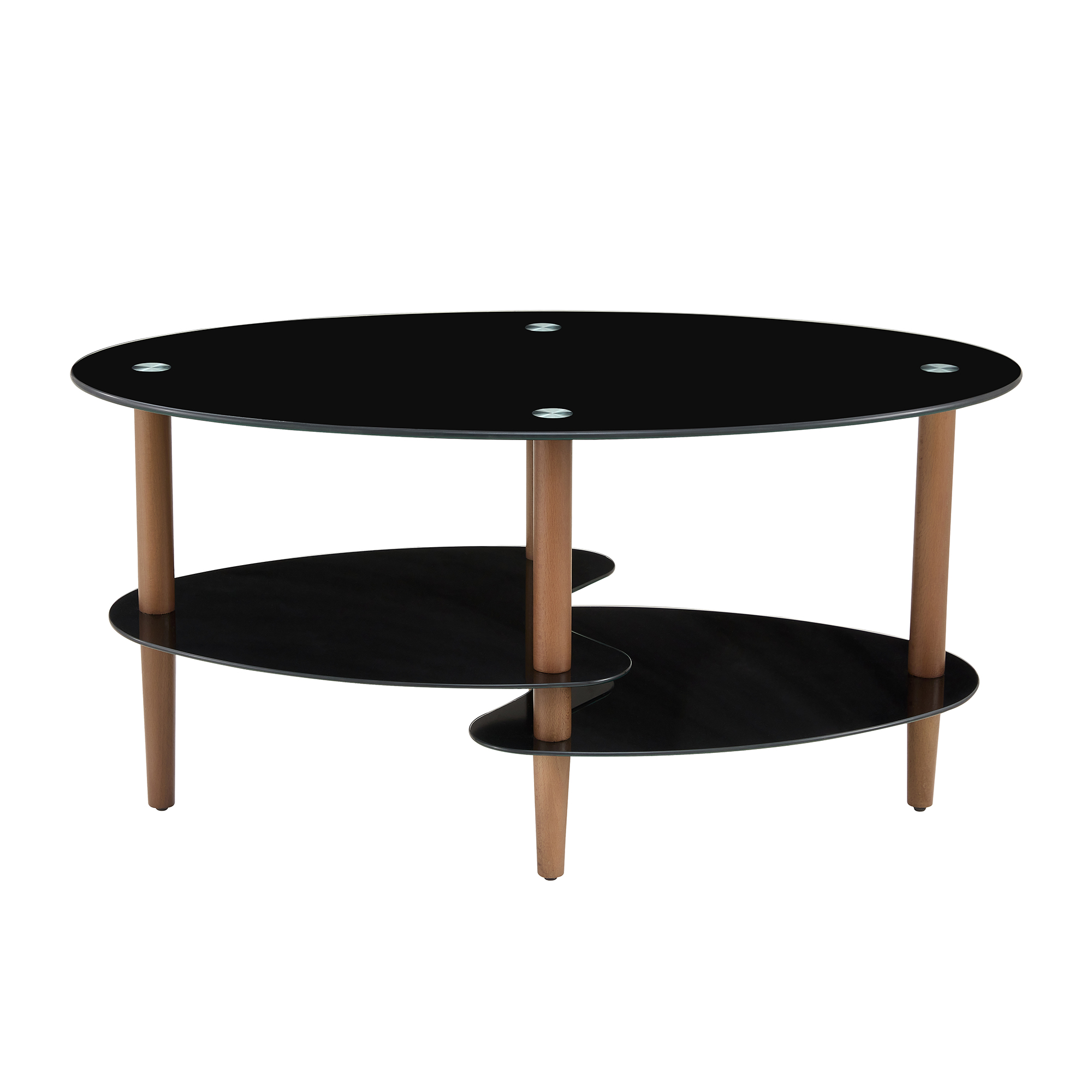 Black Oval glass coffee table, modern table in living room Oak wood leg tea table 3-layer  tempered glass table