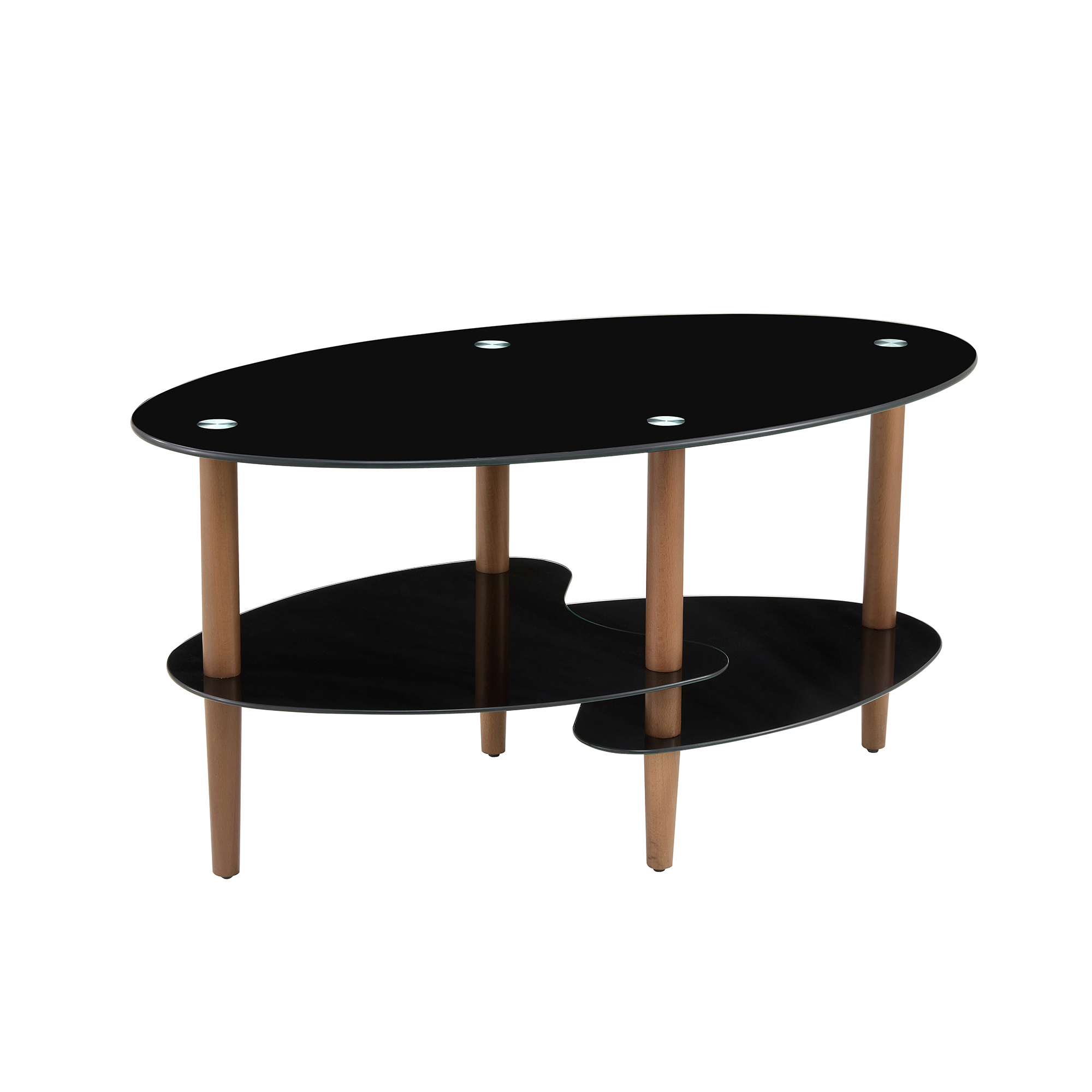 Black Oval glass coffee table, modern table in living room Oak wood leg tea table 3-layer  tempered glass table