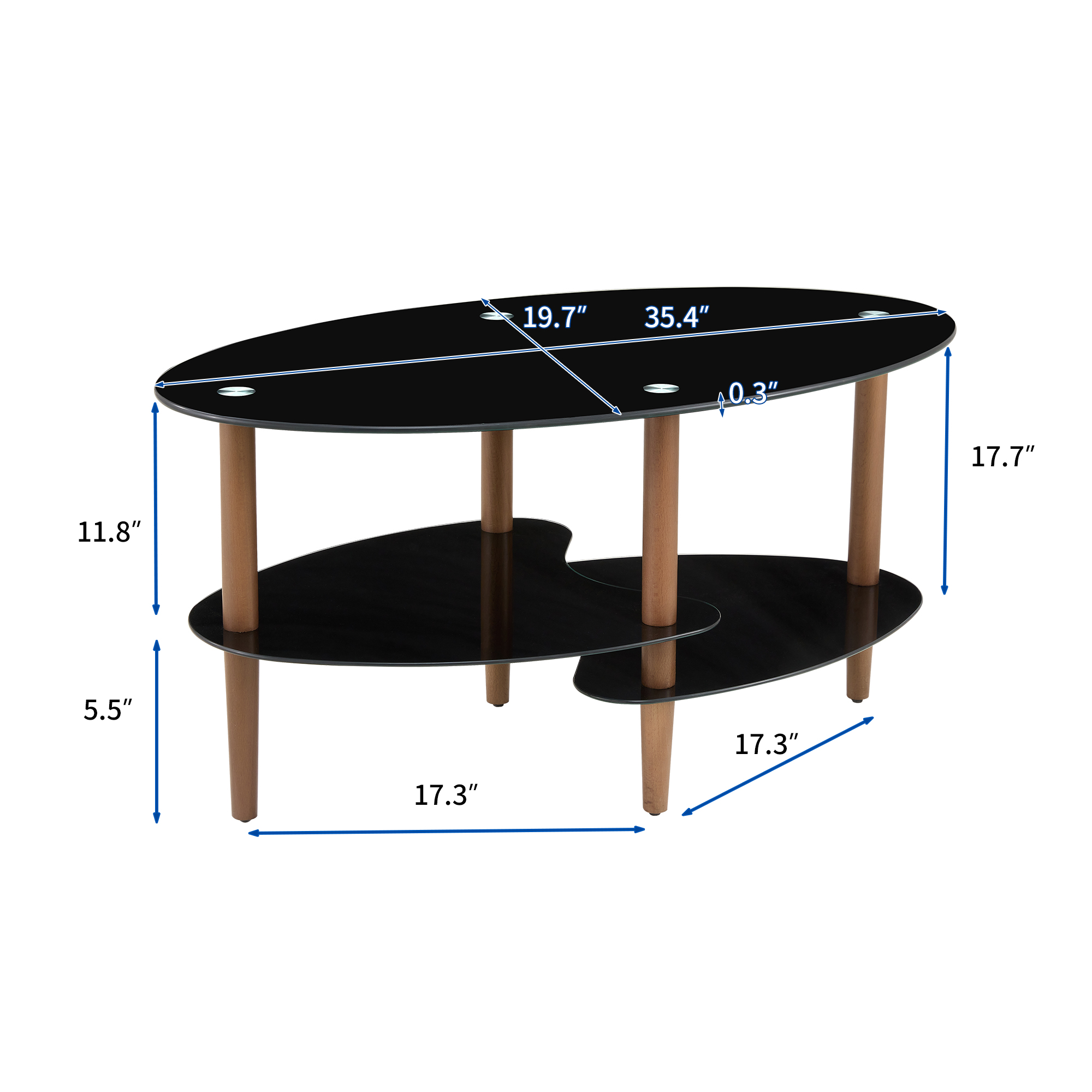 Black Oval glass coffee table, modern table in living room Oak wood leg tea table 3-layer  tempered glass table